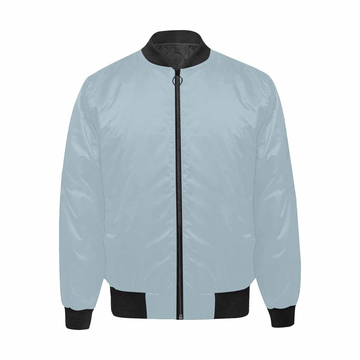 Mens pastel blue bomber jacket with quilted lining and zipper, featuring personalized all-over print and pouch pockets.