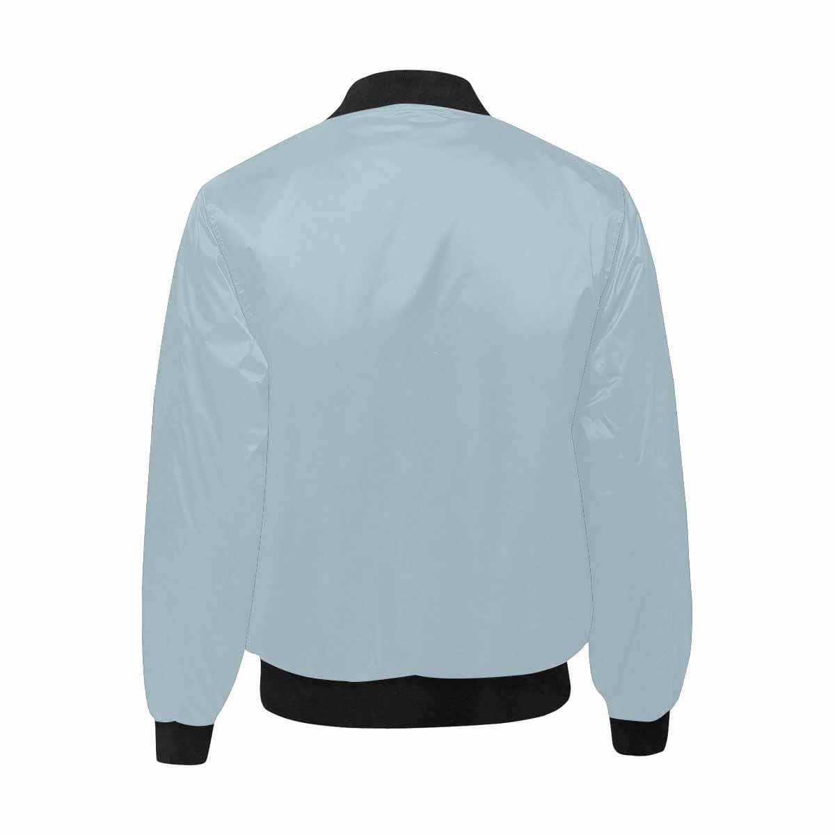 Mens pastel blue bomber jacket with quilted lining and zipper, featuring personalized all-over print and pouch pockets.