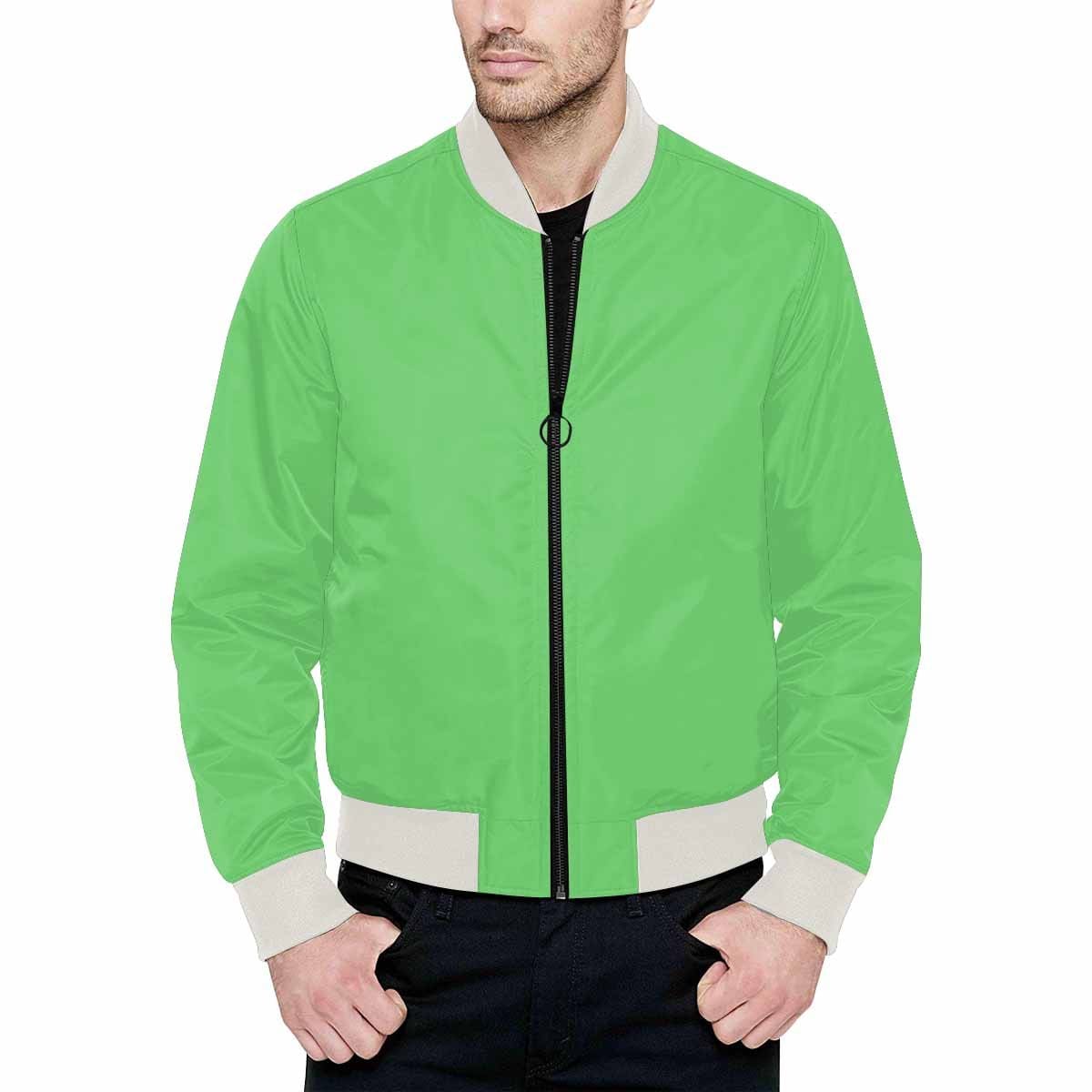 Men's pastel green bomber jacket with quilted lining and zipper, featuring personalized all-over print and pouch pockets.