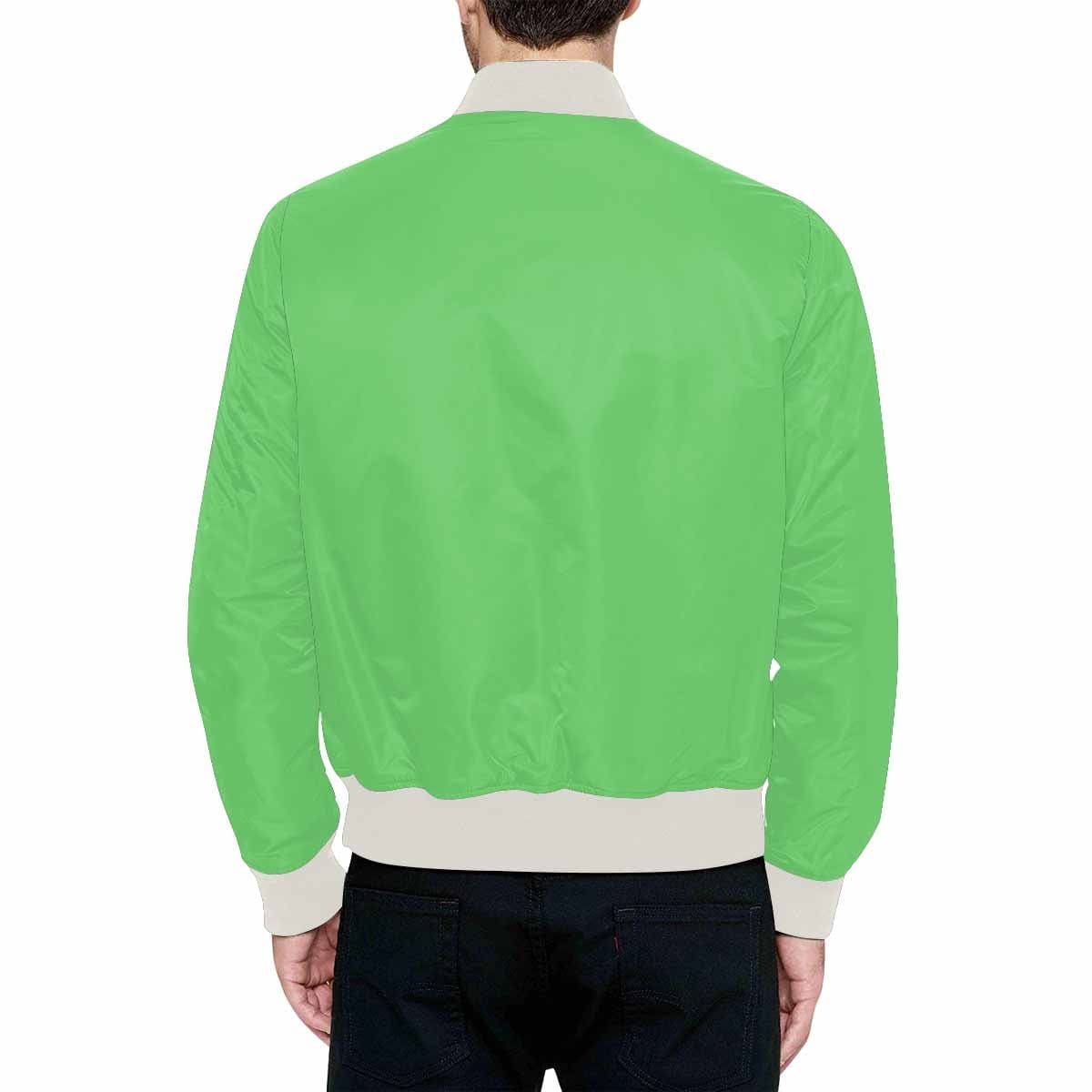 Men's pastel green bomber jacket with quilted lining and zipper, featuring personalized all-over print and pouch pockets.