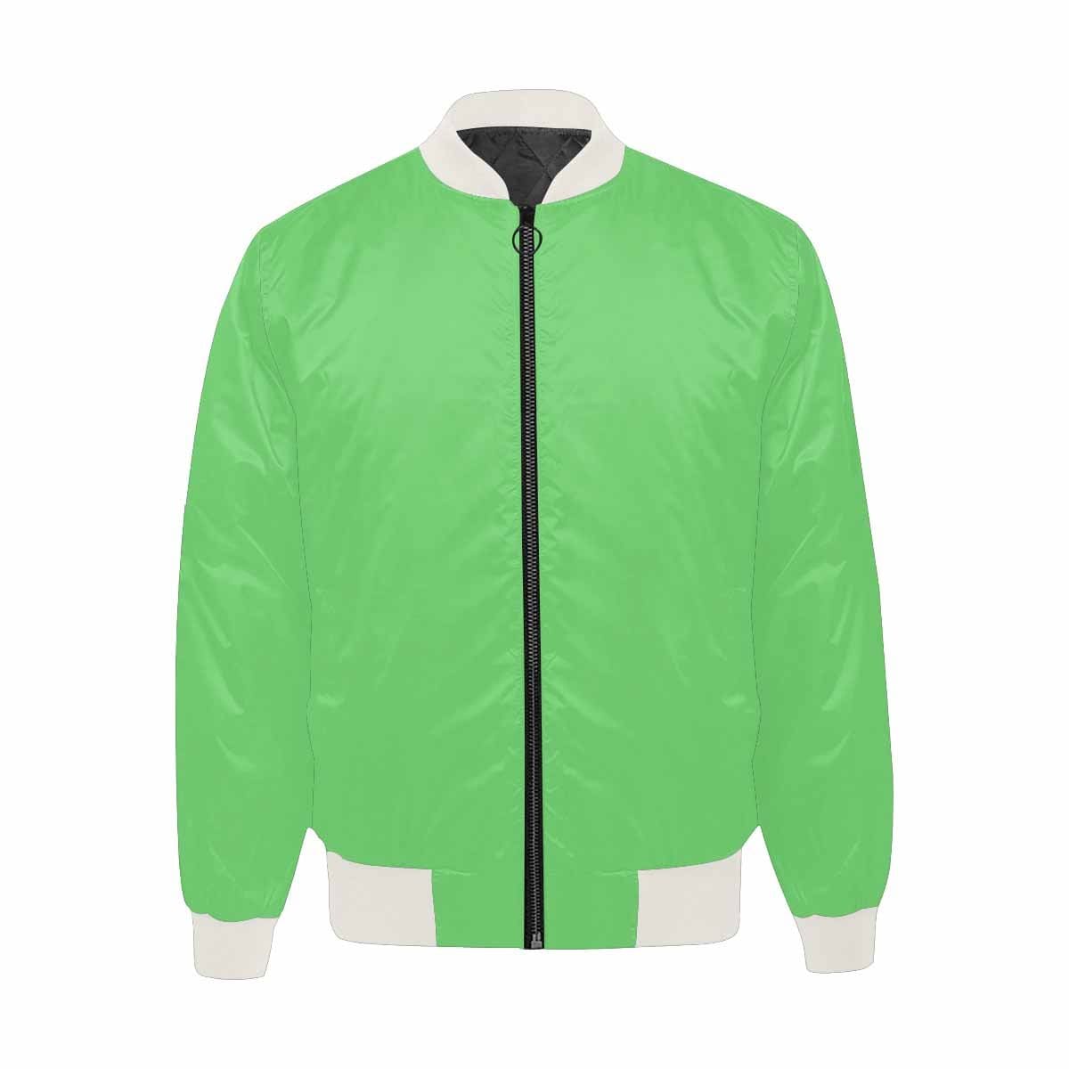 Men's pastel green bomber jacket with quilted lining and zipper, featuring personalized all-over print and pouch pockets.