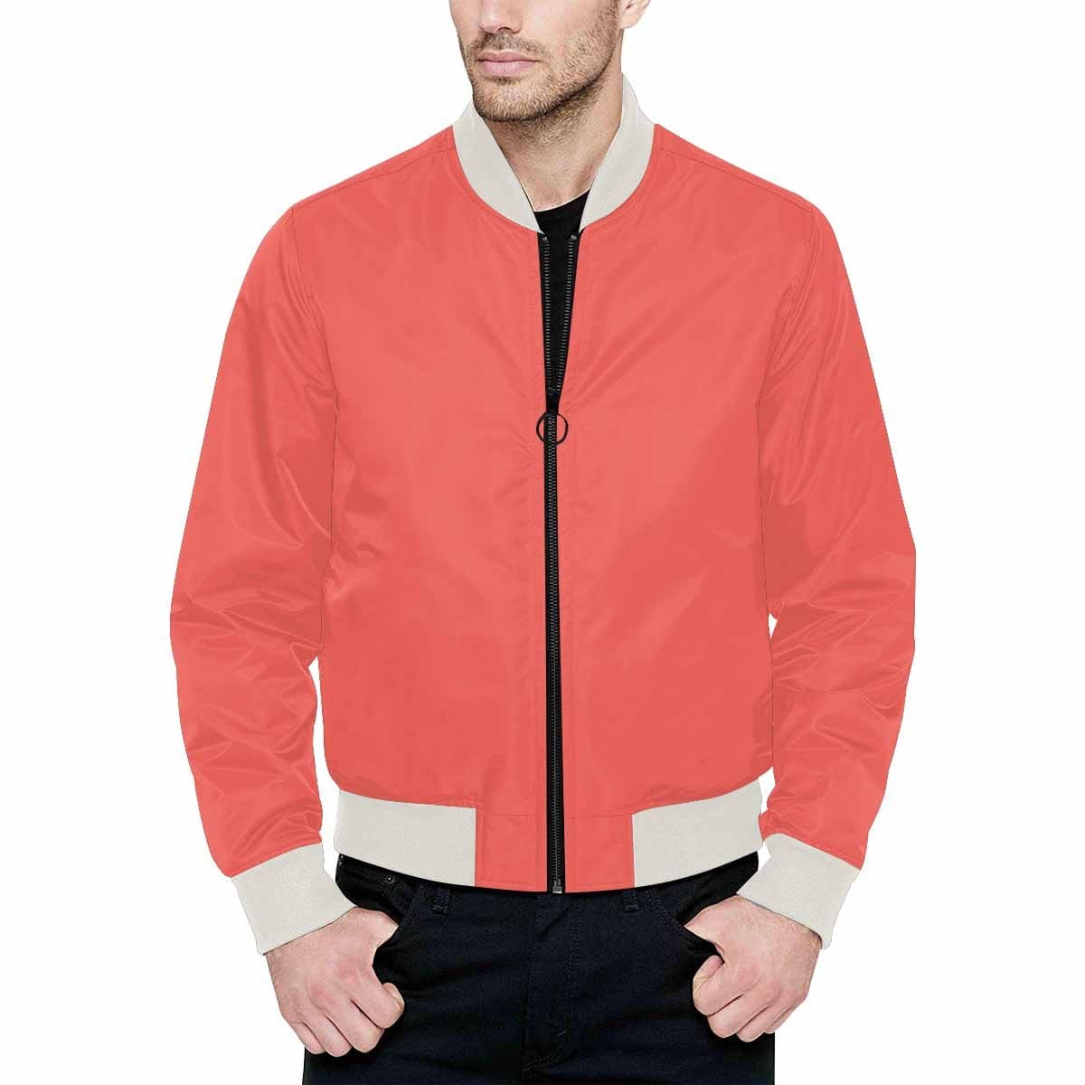 Men's Pastel Red Bomber Jacket featuring quilted lining and personalized print design.