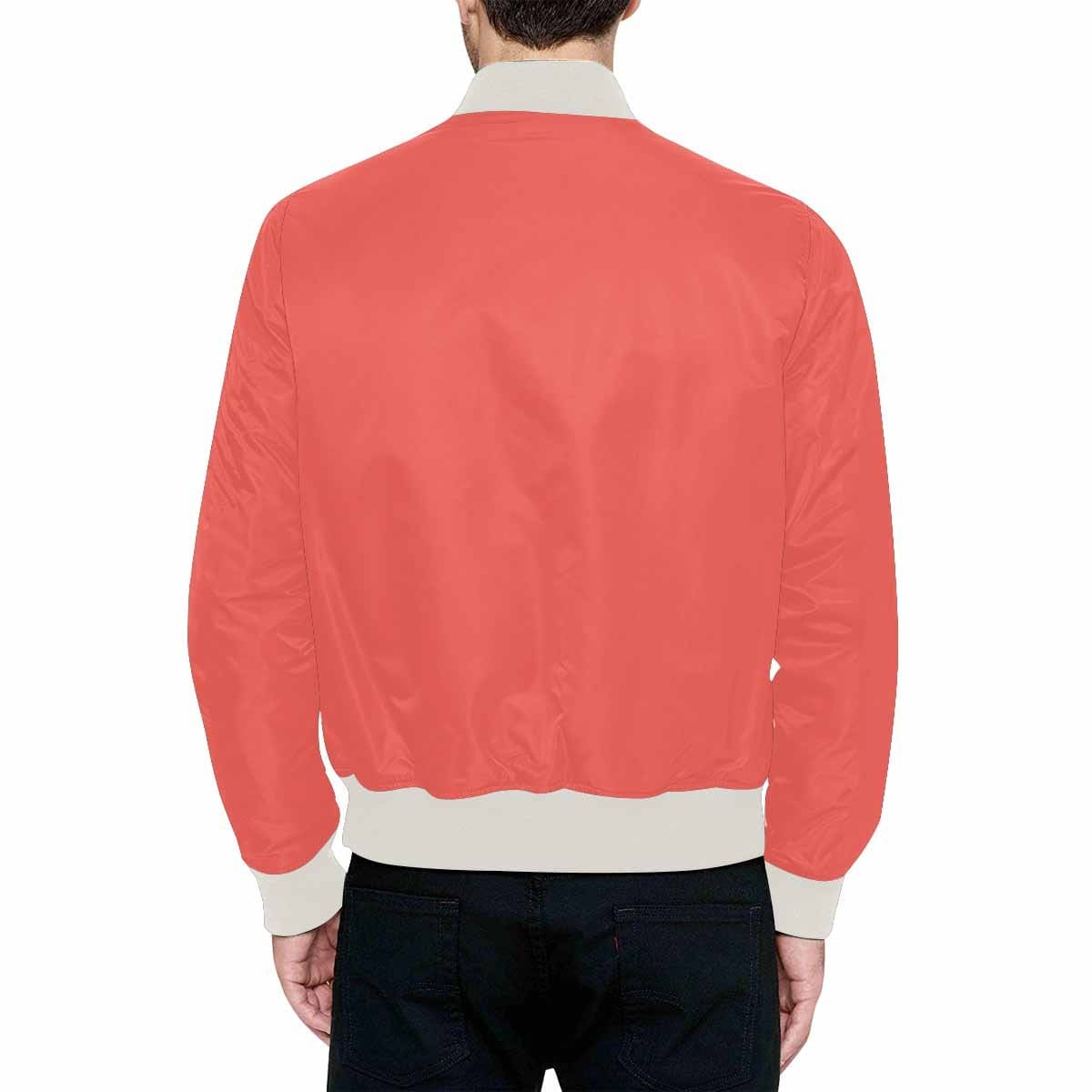 Men's Pastel Red Bomber Jacket featuring quilted lining and personalized print design.