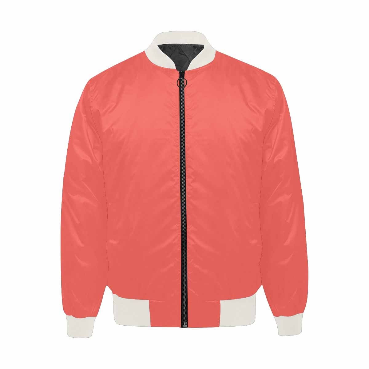 Men's Pastel Red Bomber Jacket featuring quilted lining and personalized print design.