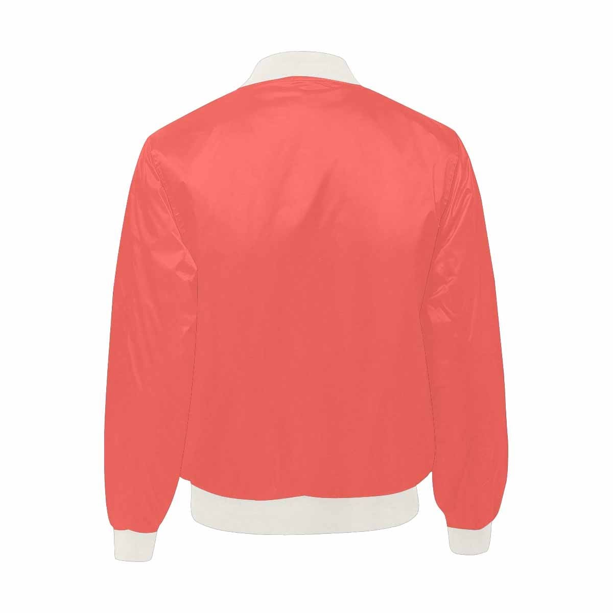 Men's Pastel Red Bomber Jacket featuring quilted lining and personalized print design.