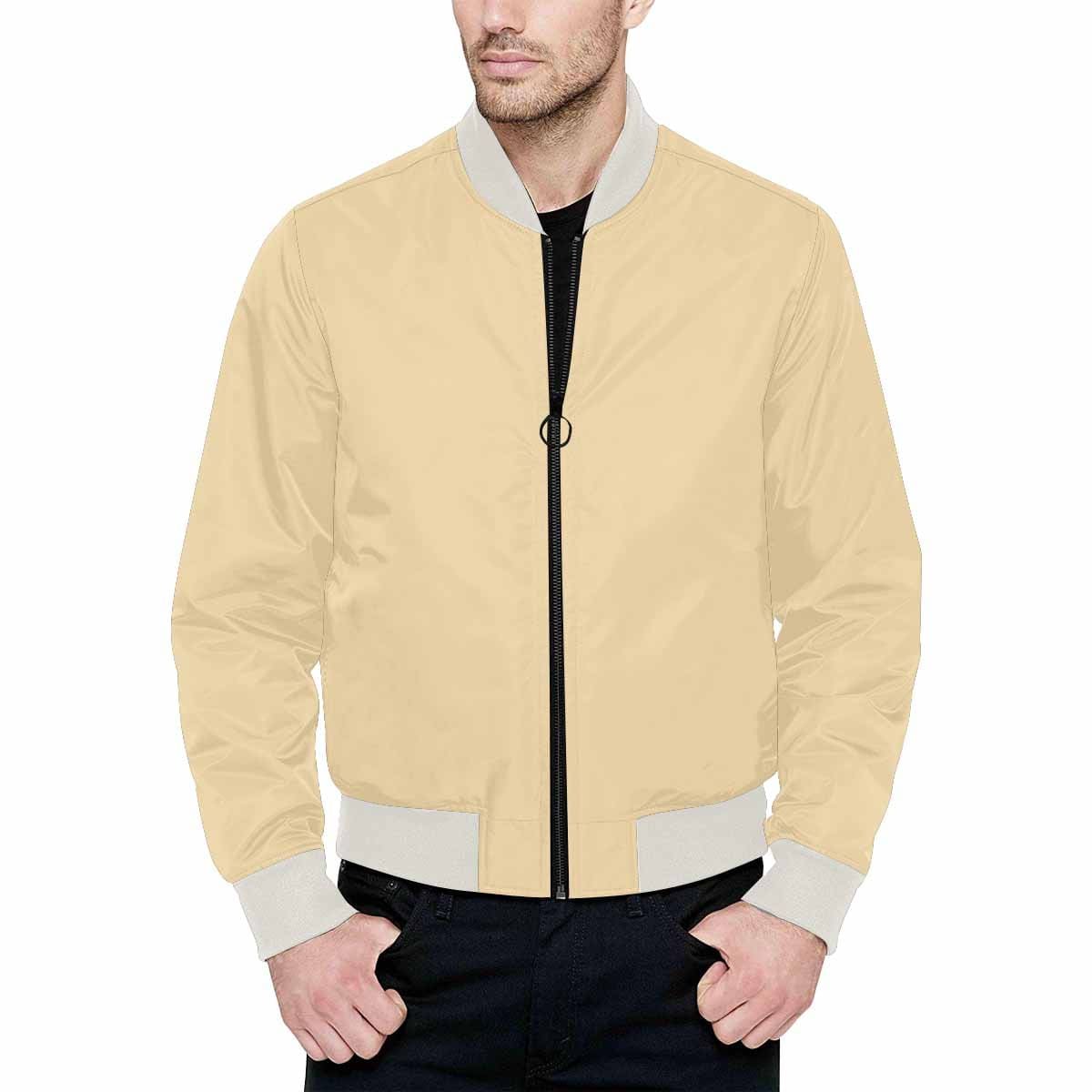 Men's Peach Bomber Jacket with quilted lining and personalized print, featuring a classic zipper and pouch pockets.