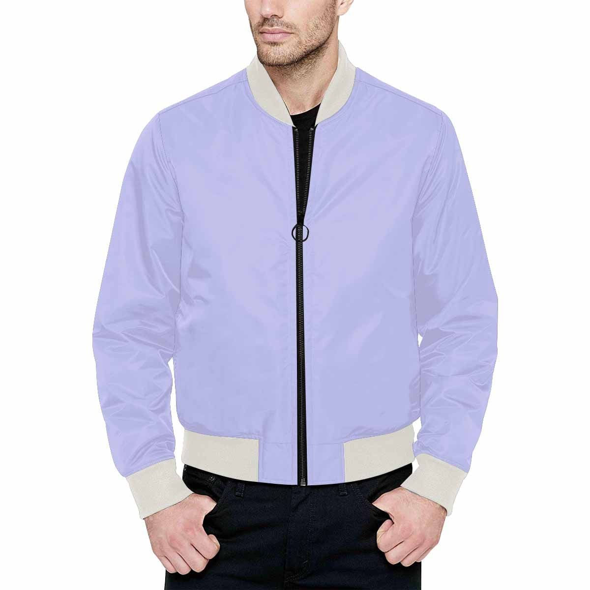 Mens Periwinkle Purple Bomber Jacket featuring quilted lining and classic zipper design.