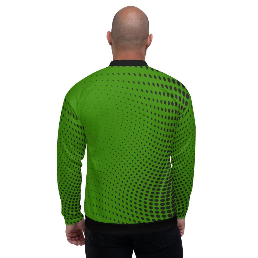 Mens Polka Dot Edgy Bomber Jacket in green and black, featuring a vibrant polka dot pattern and brushed fleece lining.