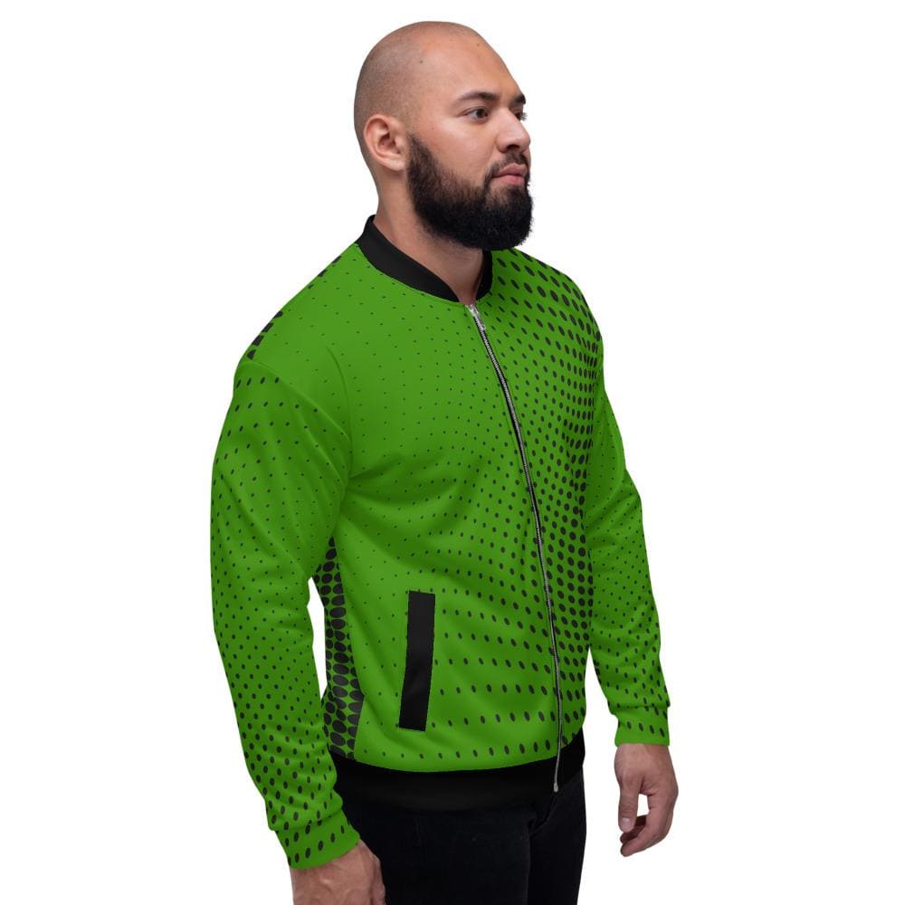 Mens Polka Dot Edgy Bomber Jacket in green and black, featuring a vibrant polka dot pattern and brushed fleece lining.