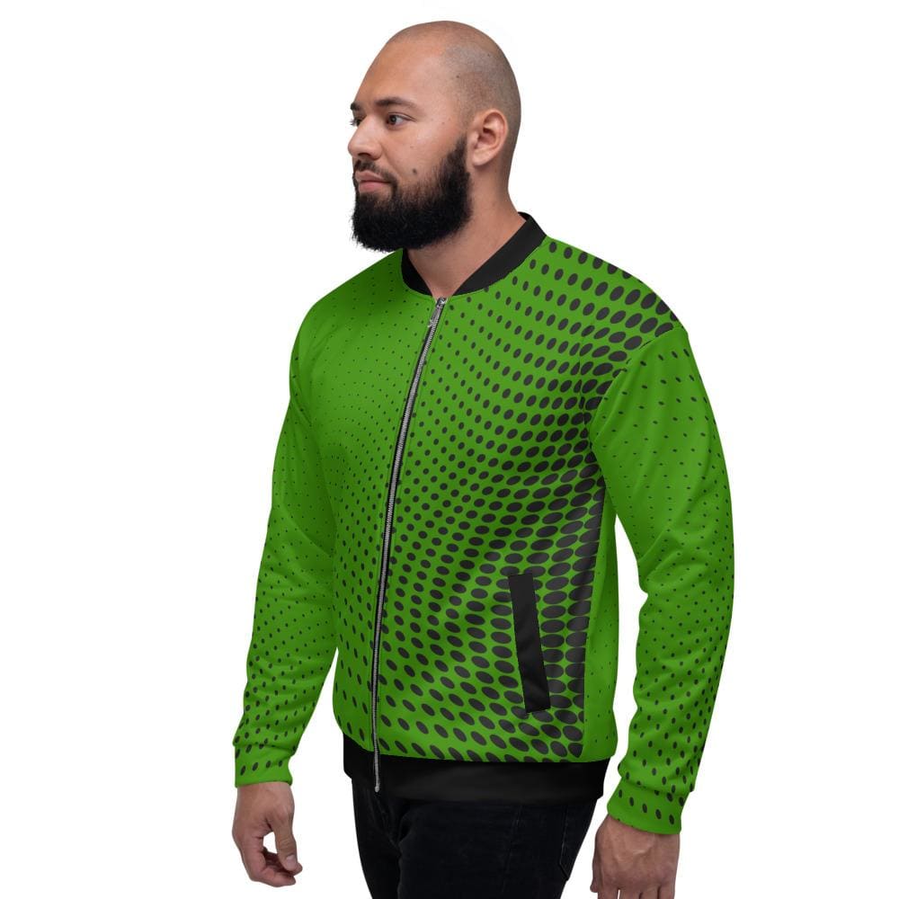 Mens Polka Dot Edgy Bomber Jacket in green and black, featuring a vibrant polka dot pattern and brushed fleece lining.