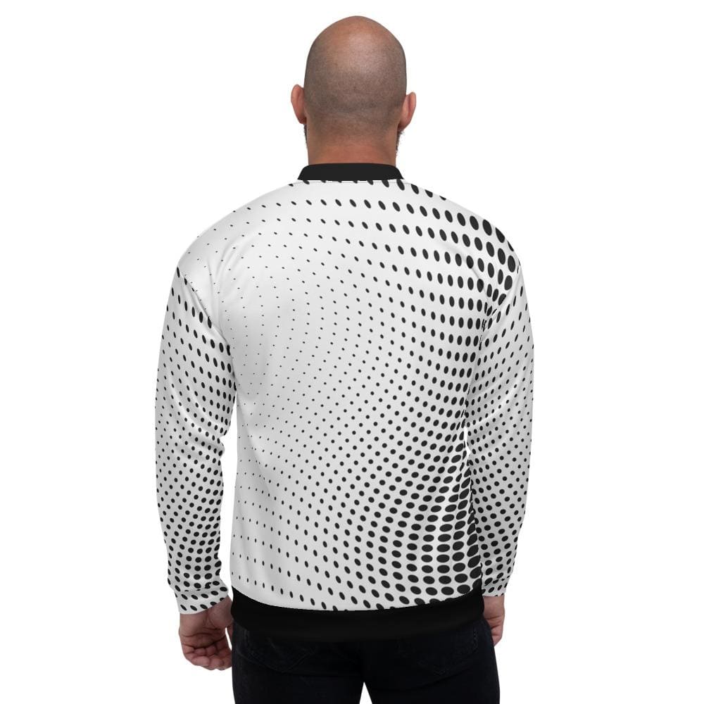 Mens Polka Dot Edgy Bomber Jacket in white and black, featuring a stylish polka dot pattern and brushed fleece lining.