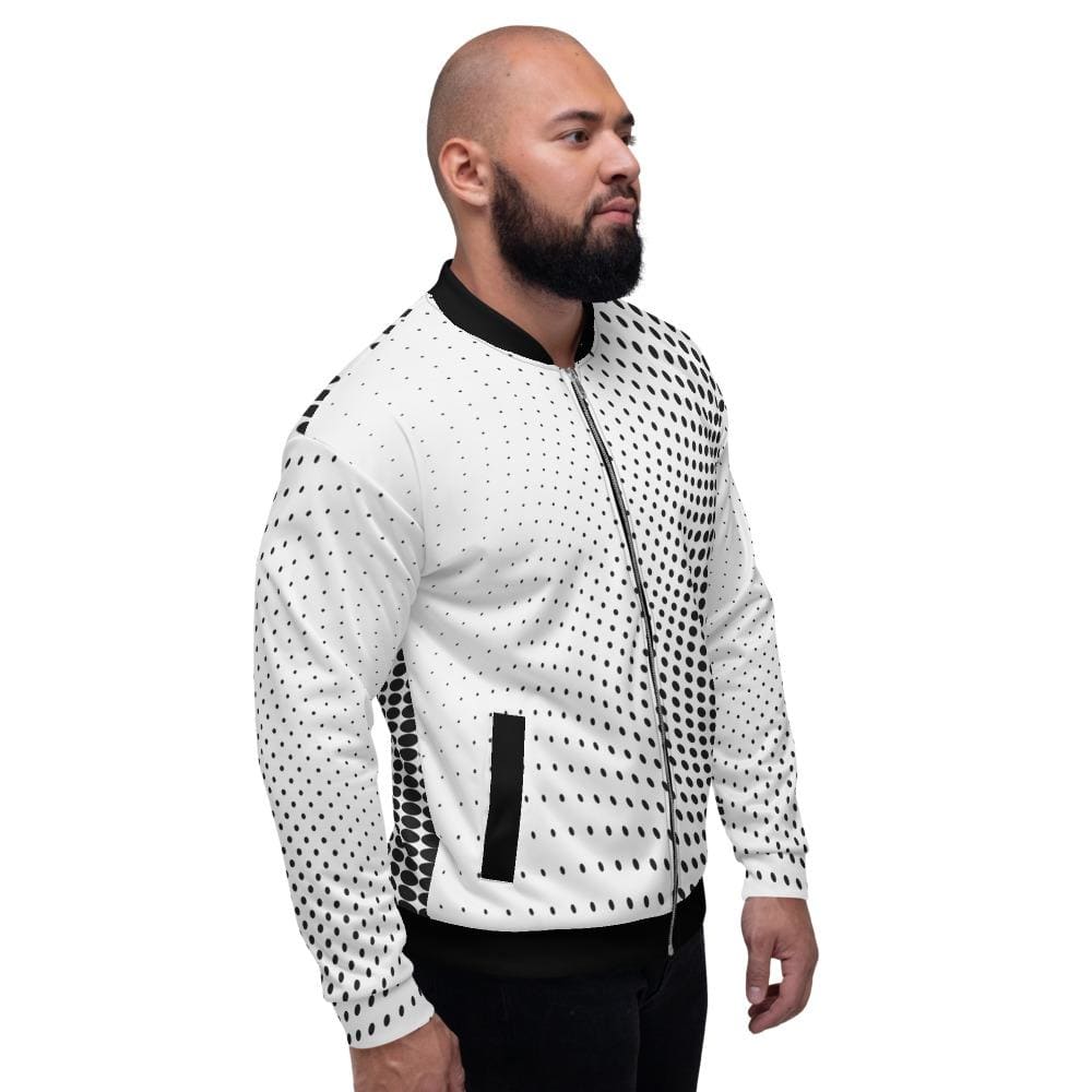 Mens Polka Dot Edgy Bomber Jacket in white and black, featuring a stylish polka dot pattern and brushed fleece lining.