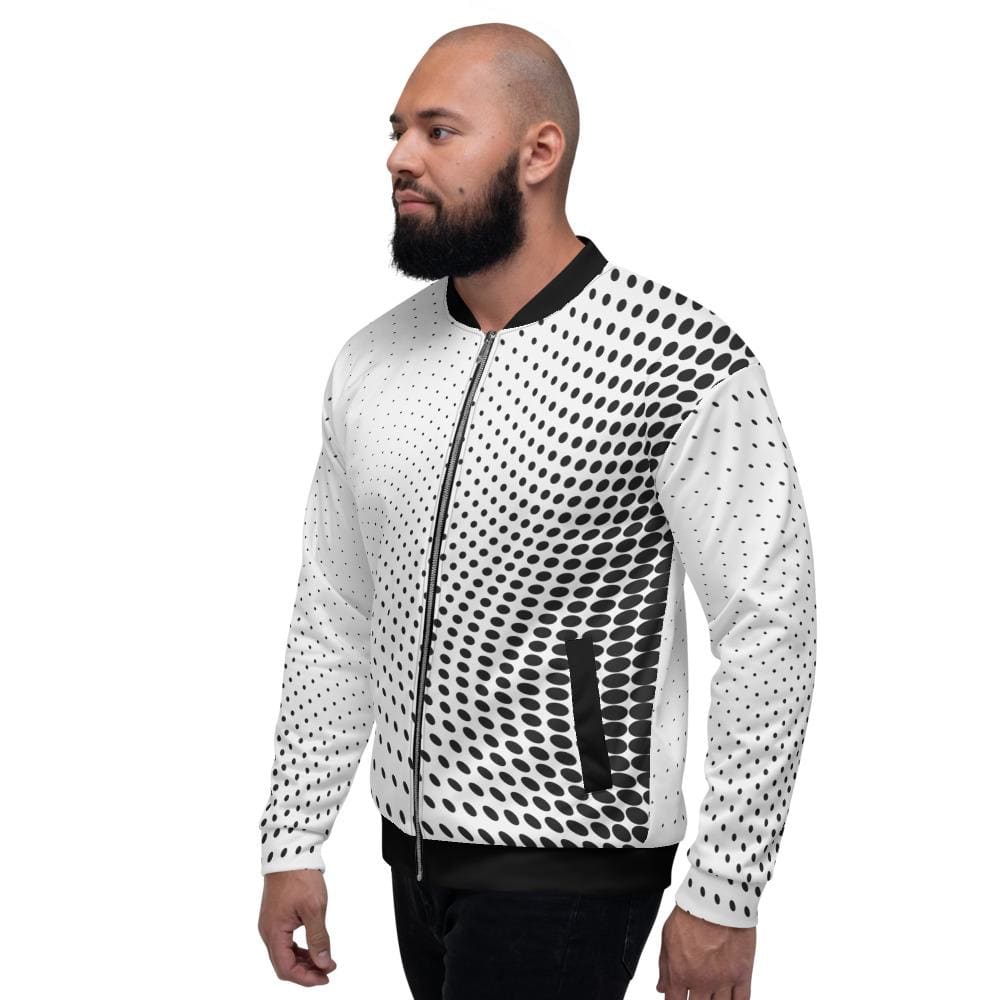 Mens Polka Dot Edgy Bomber Jacket in white and black, featuring a stylish polka dot pattern and brushed fleece lining.