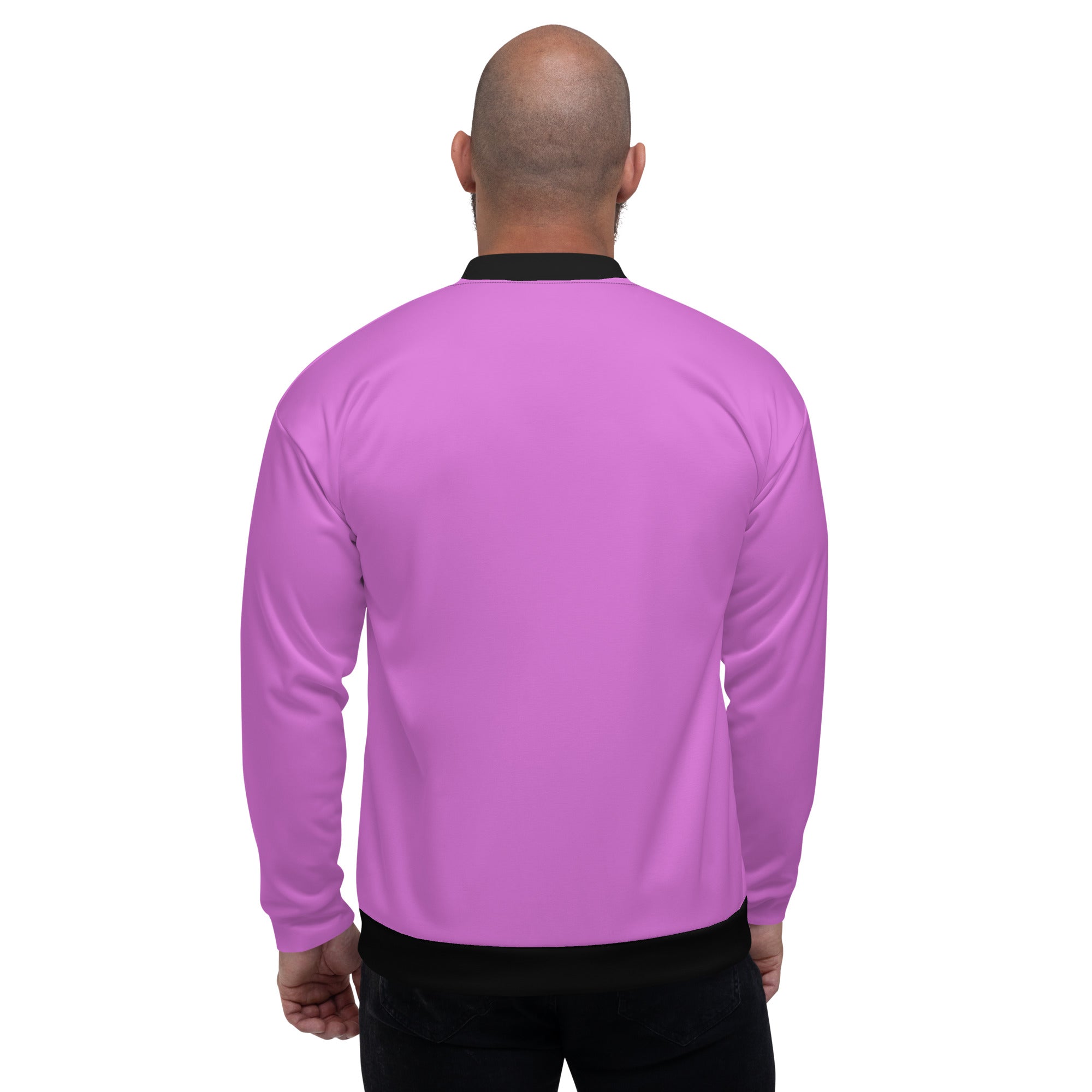 Men's Purple Lavender Bomber Jacket with brushed fleece lining and silver YKK zipper, featuring two front pockets.