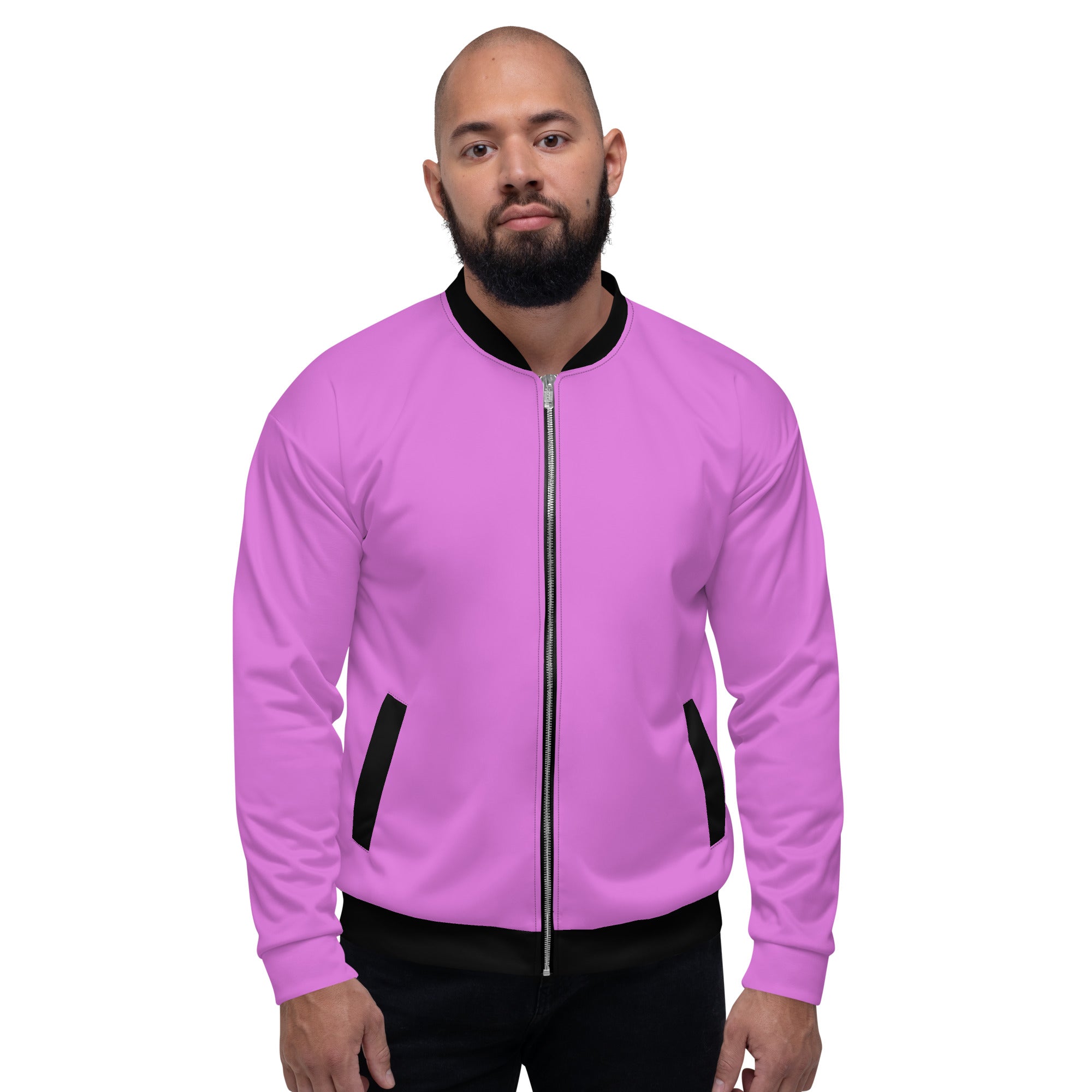 Men's Purple Lavender Bomber Jacket with brushed fleece lining and silver YKK zipper, featuring two front pockets.