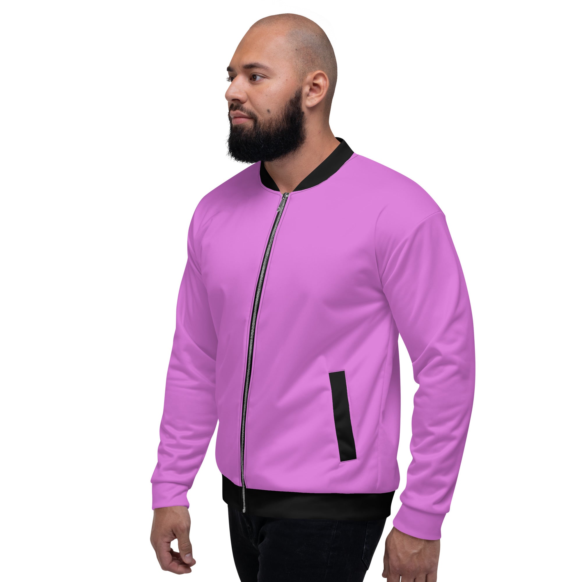 Men's Purple Lavender Bomber Jacket with brushed fleece lining and silver YKK zipper, featuring two front pockets.