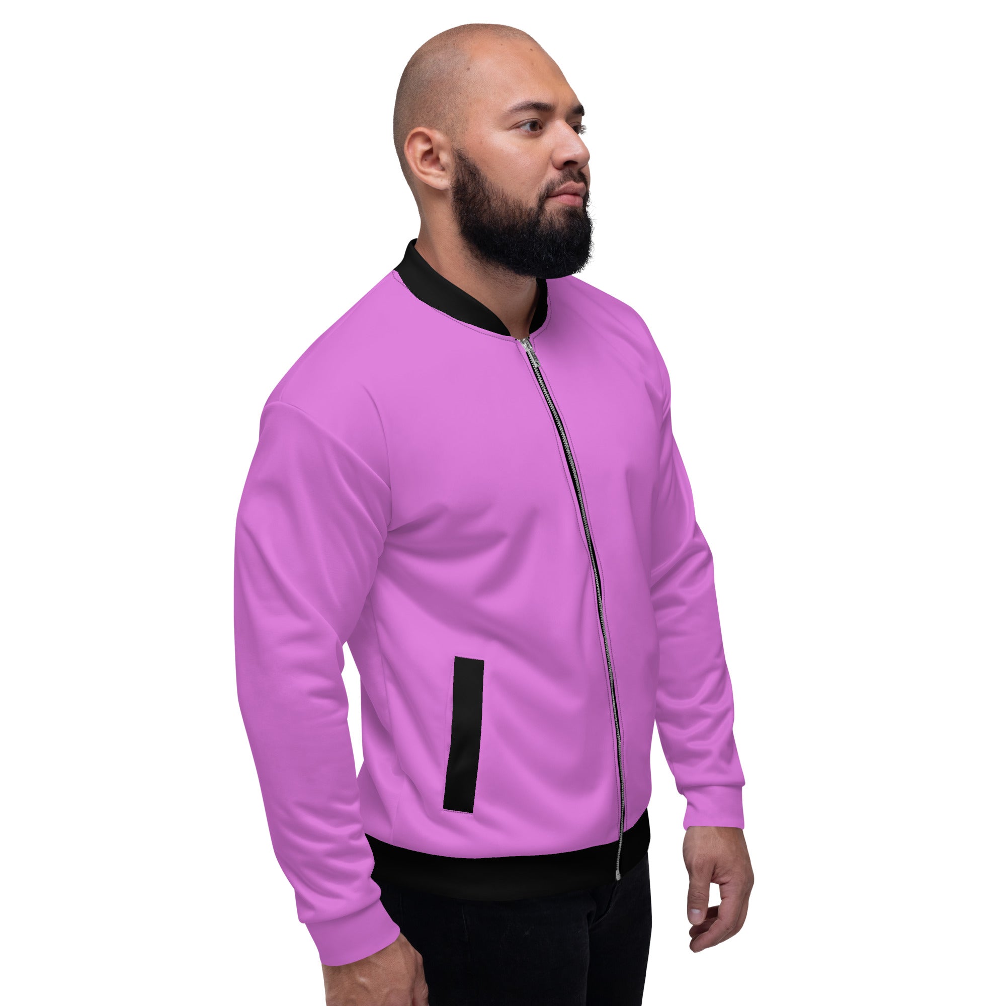 Men's Purple Lavender Bomber Jacket with brushed fleece lining and silver YKK zipper, featuring two front pockets.