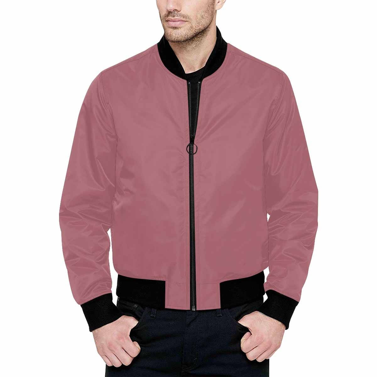 Men's Rose Gold Red Bomber Jacket with quilted lining and personalized print, featuring a classic zipper and pouch pockets.