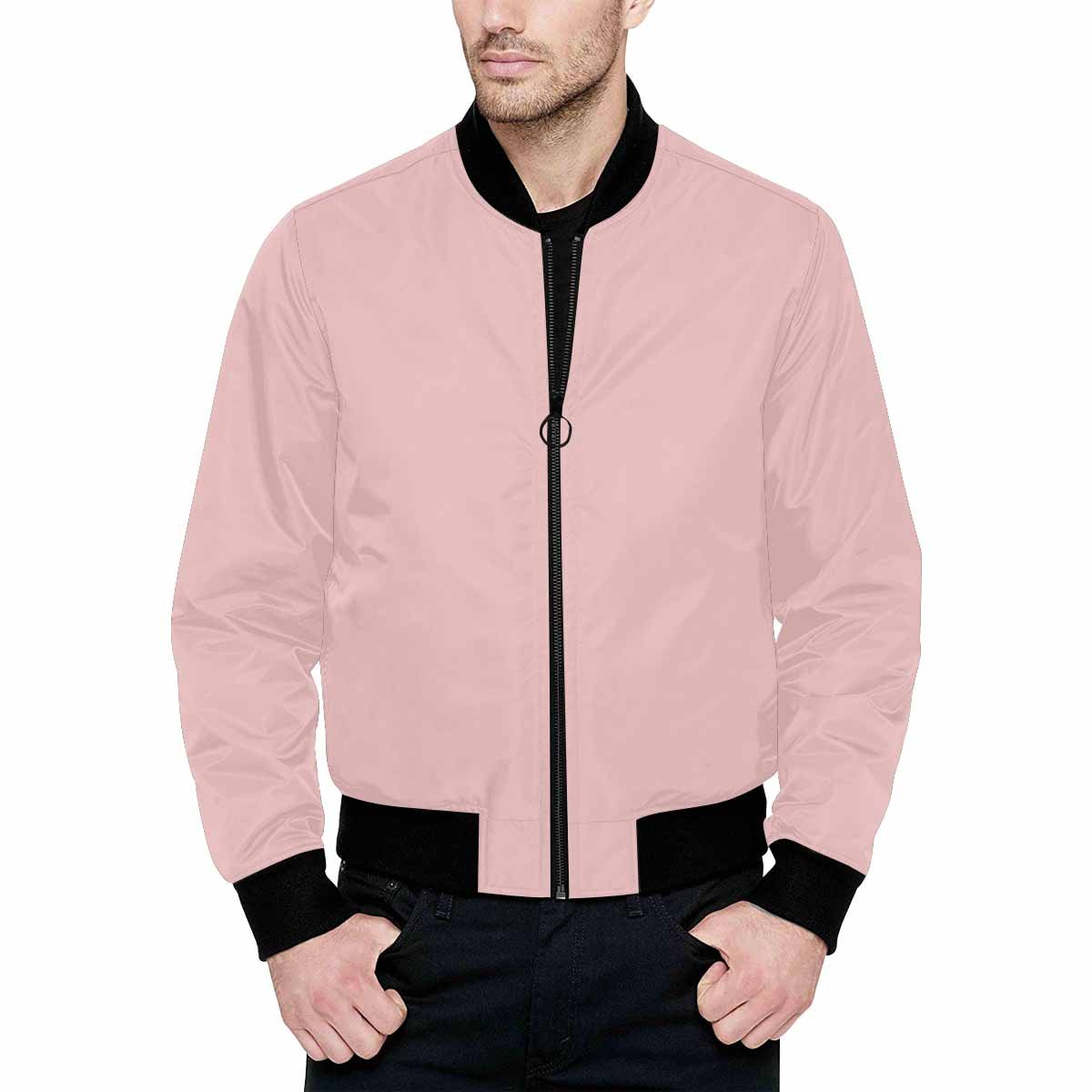 Men's Rose Quartz Red and Black Bomber Jacket featuring a stylish all-over print and classic zipper design.