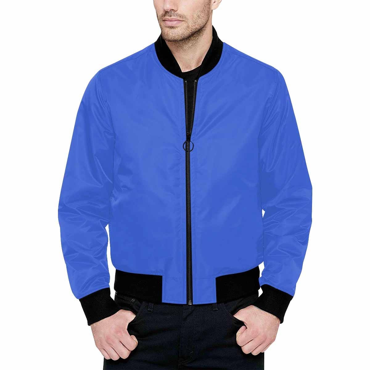 Men's Royal Blue and Black Bomber Jacket featuring a quilted lining and stylish all-over print design.