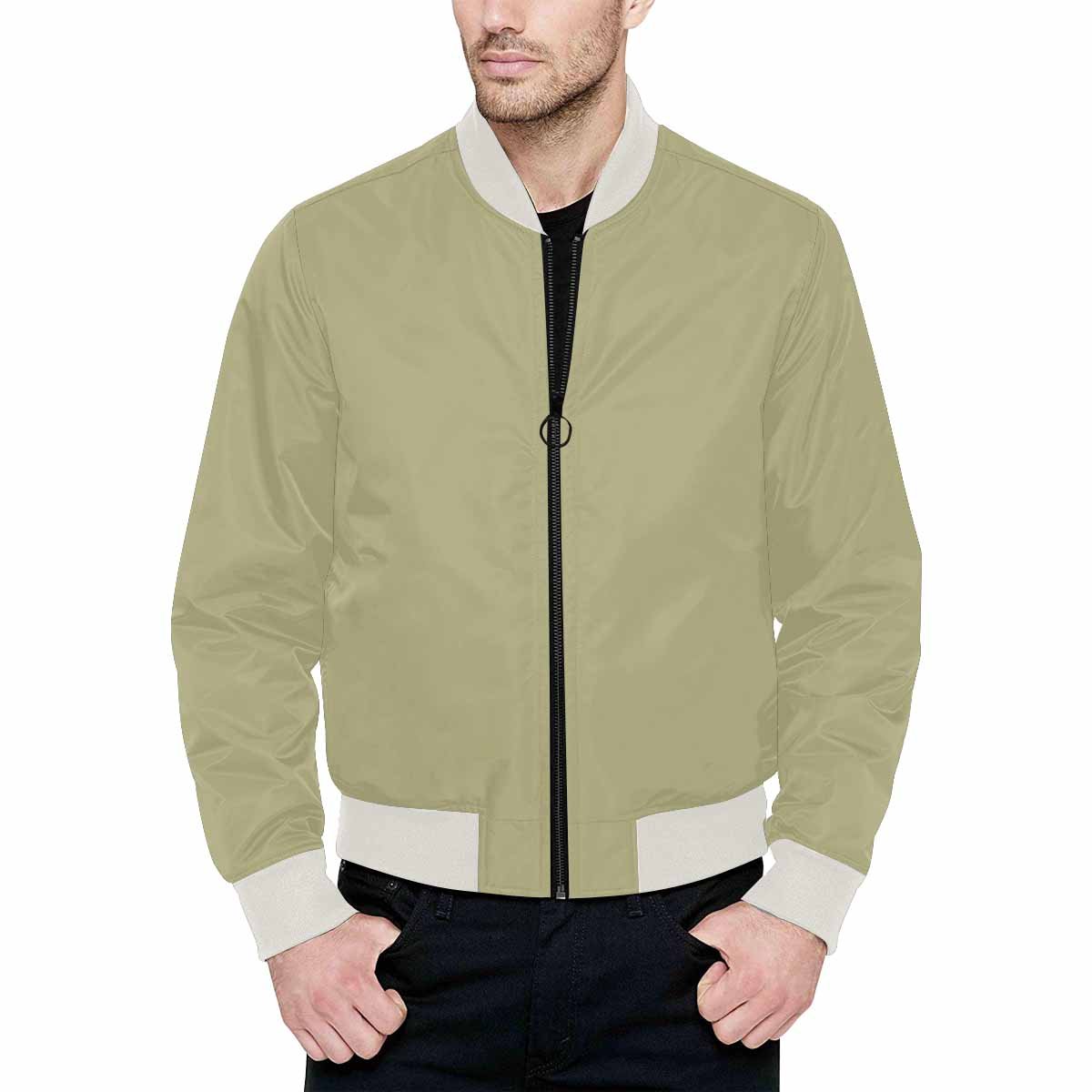 Men's Sage Green Bomber Jacket featuring a quilted lining and stylish design with zipper closure and pouch pockets.