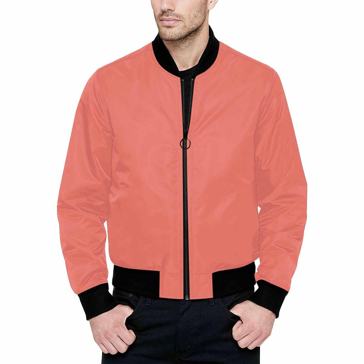 Men's salmon red and black bomber jacket with quilted lining and zipper closure, featuring stylish all-over print and pouch pockets.