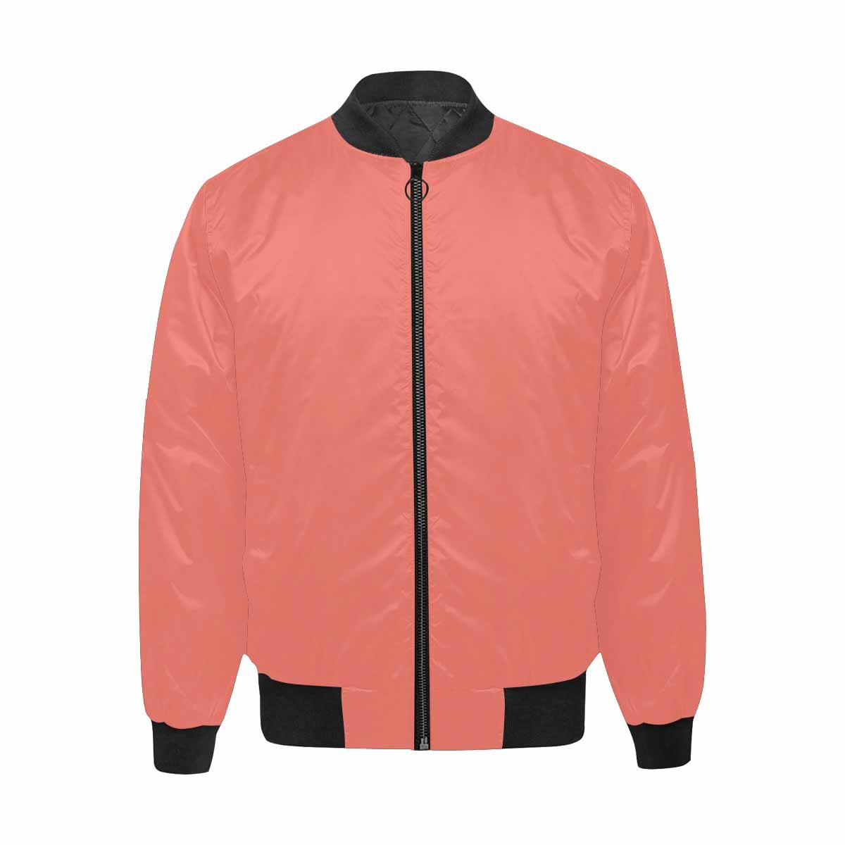 Men's salmon red and black bomber jacket with quilted lining and zipper closure, featuring stylish all-over print and pouch pockets.