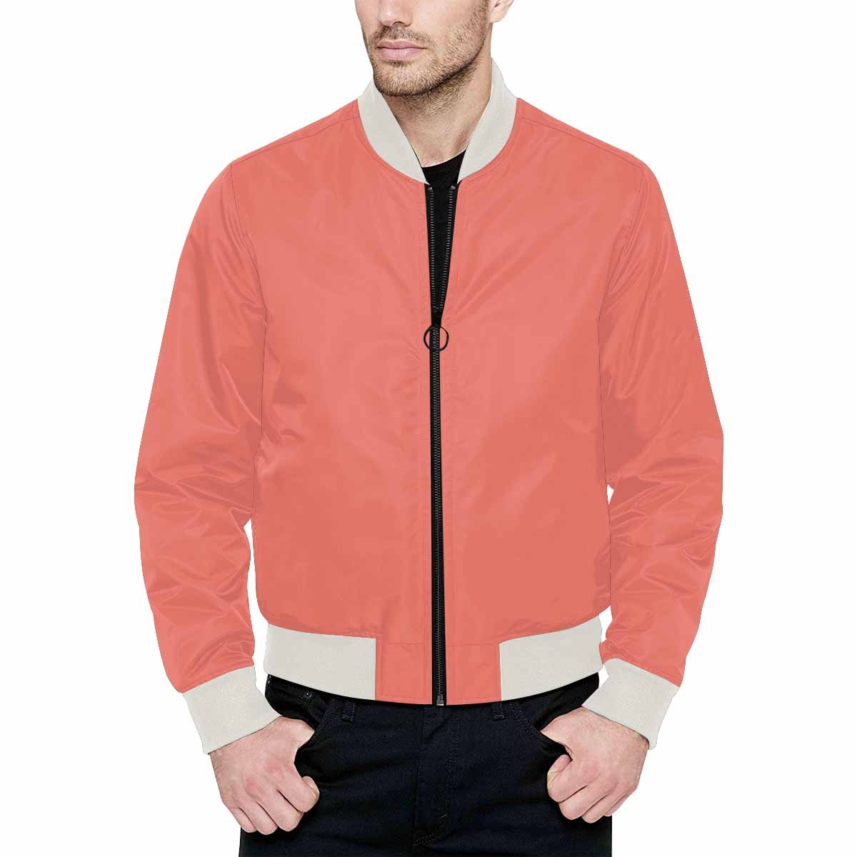 Men's Salmon Red Bomber Jacket featuring a quilted lining and personalized print design, ideal for stylish casual wear.