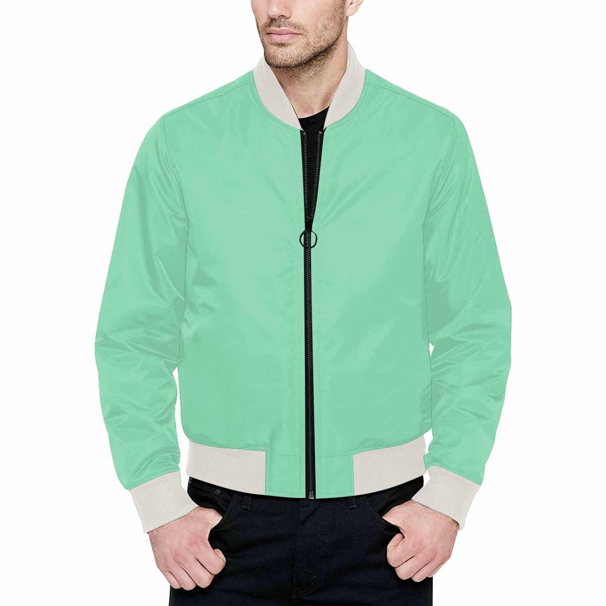 Men's Seafoam Green Bomber Jacket featuring quilted lining and personalized print design.