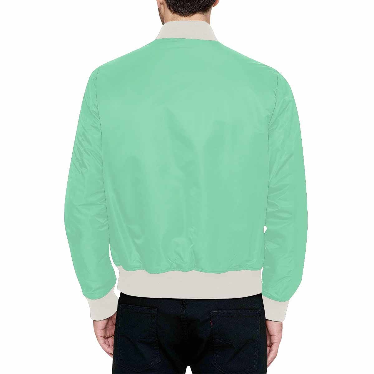 Men's Seafoam Green Bomber Jacket featuring quilted lining and personalized print design.