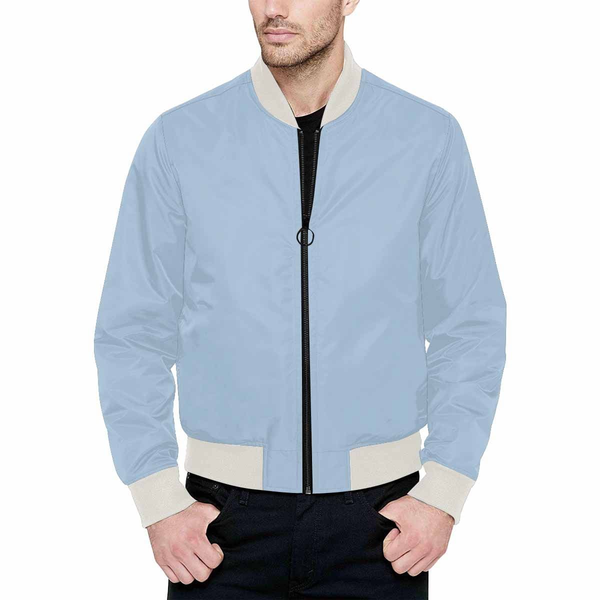 Men's Serenity Blue Bomber Jacket featuring a quilted lining and personalized all-over print design.