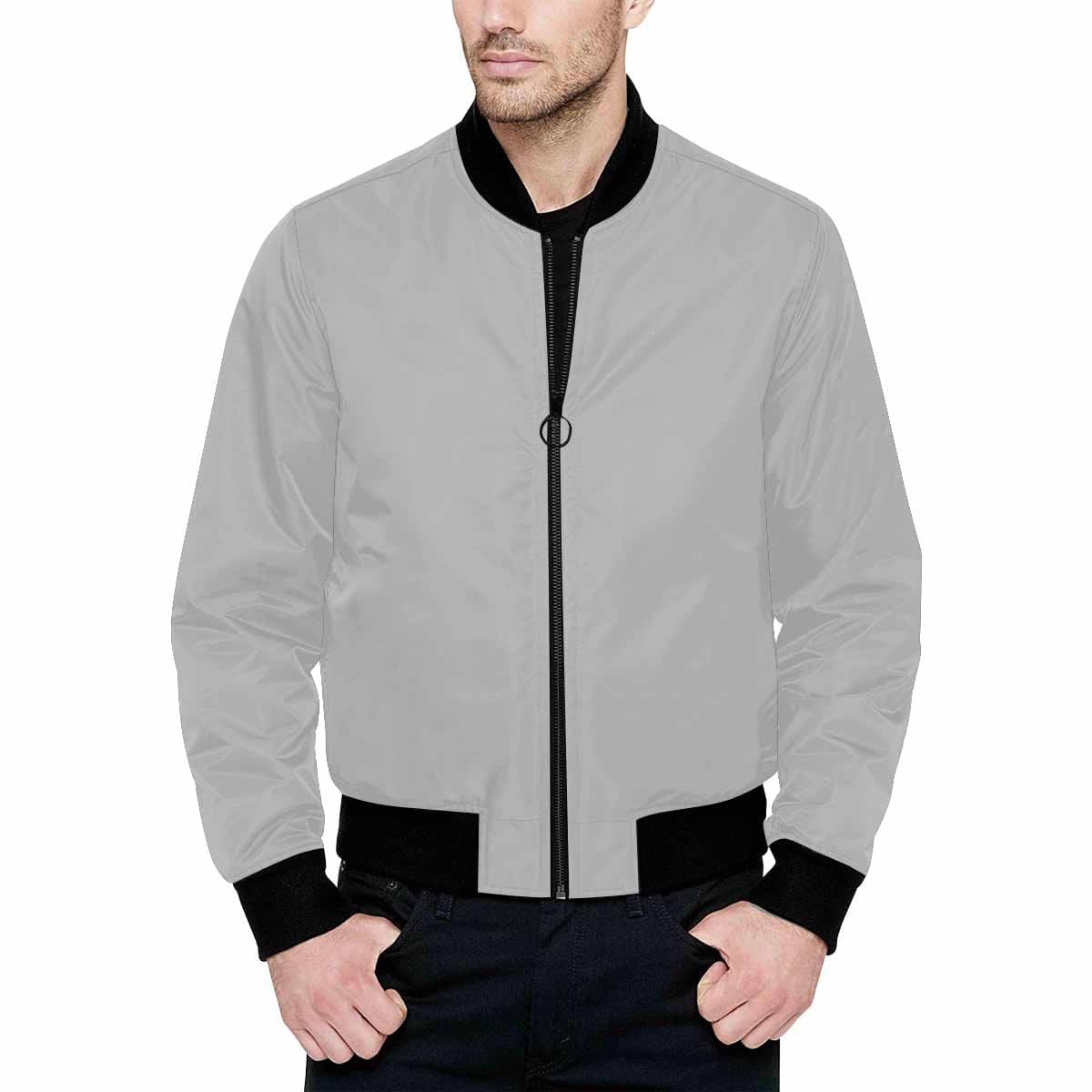 Men's Silver and Black Bomber Jacket featuring a quilted lining and personalized print design.