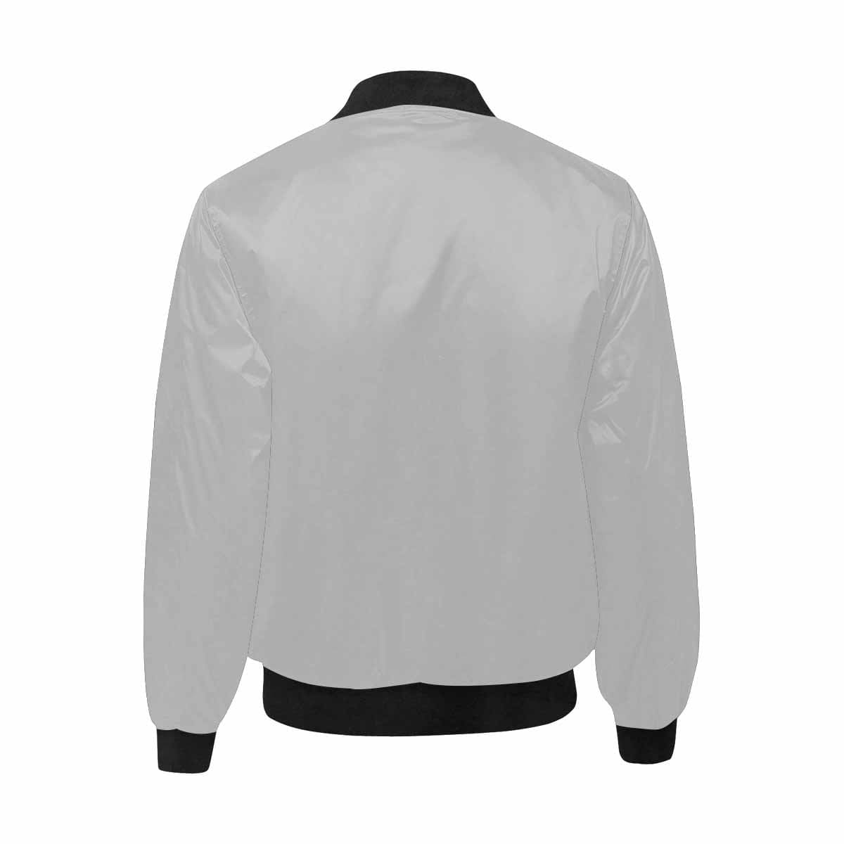 Men's Silver and Black Bomber Jacket featuring a quilted lining and personalized print design.