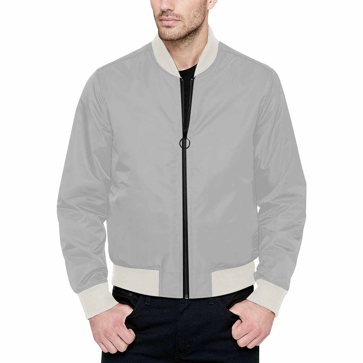 Men's Silver Bomber Jacket featuring a personalized all-over print, quilted lining, and classic zipper design.