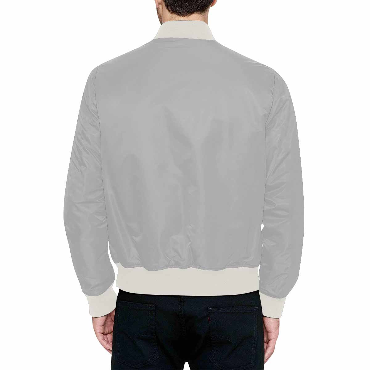 Men's Silver Bomber Jacket featuring a personalized all-over print, quilted lining, and classic zipper design.