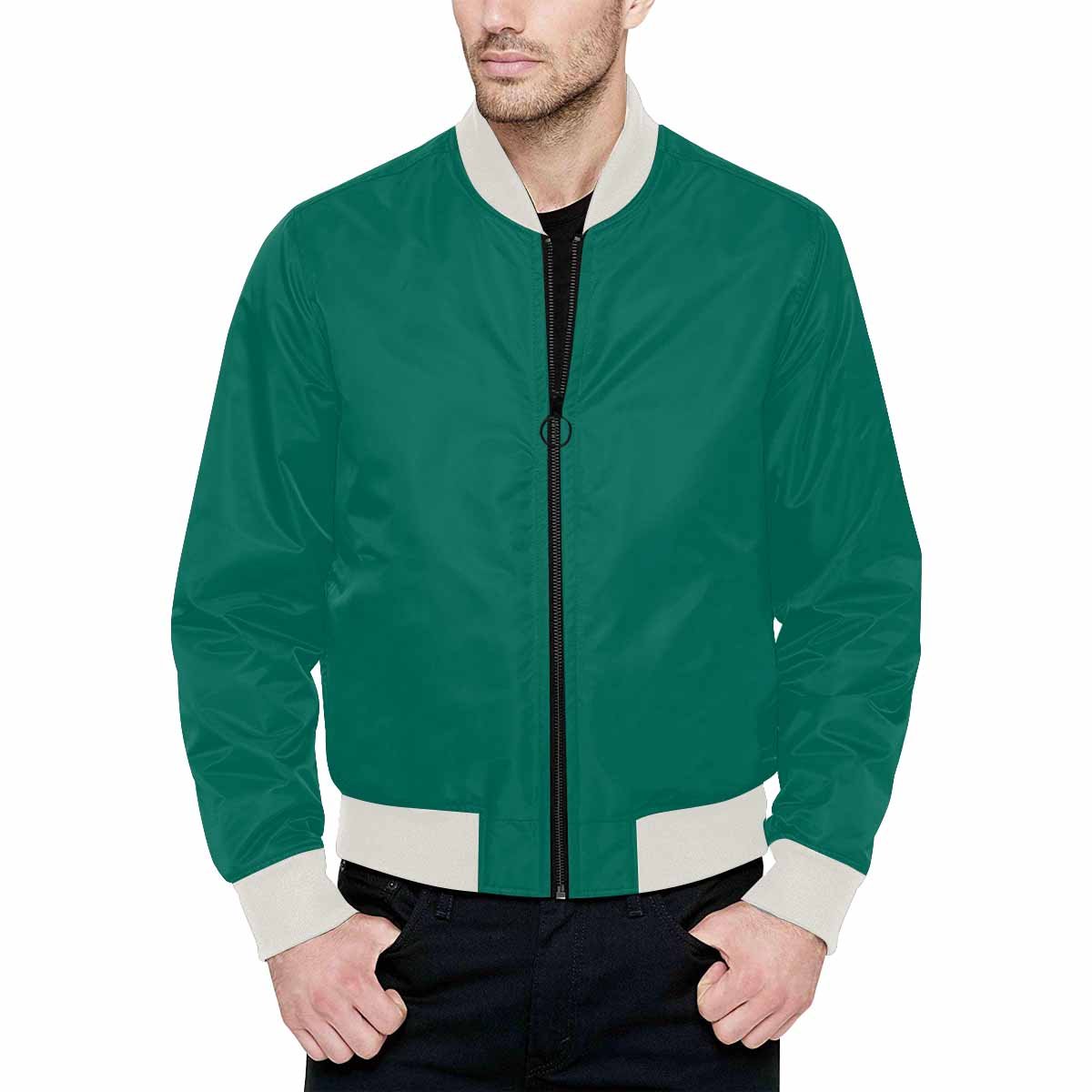 Teal Green Bomber Jacket for men with quilted lining and stylish design, featuring a classic zipper and pouch pockets.