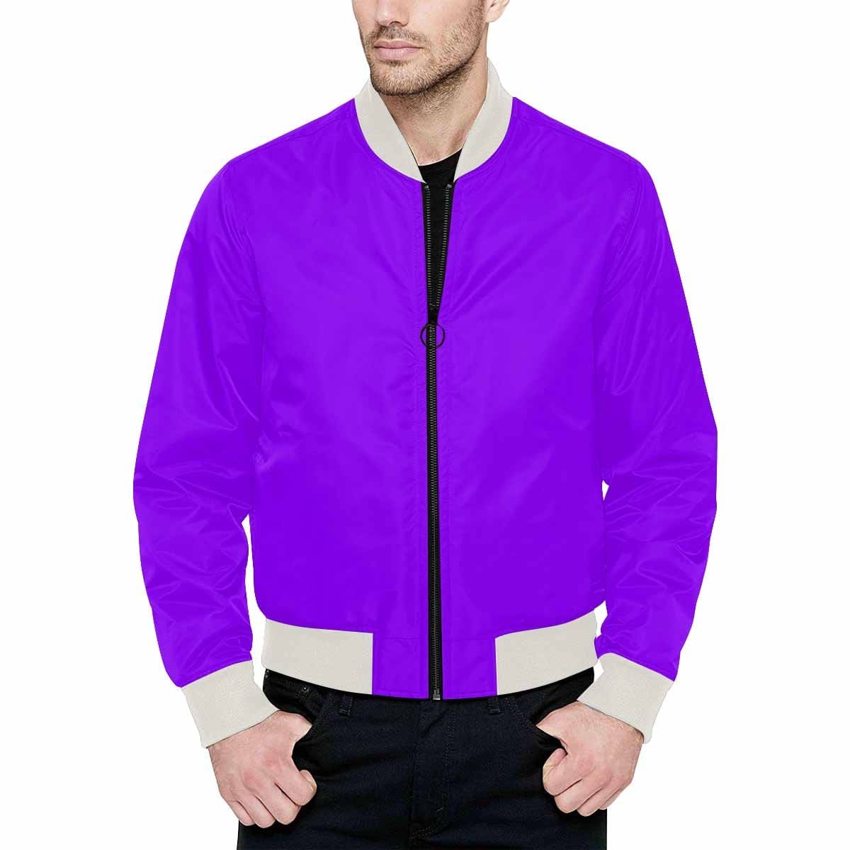 Men's Violet Bomber Jacket featuring quilted lining and personalized print design, showcasing a classic zipper and pouch pockets.