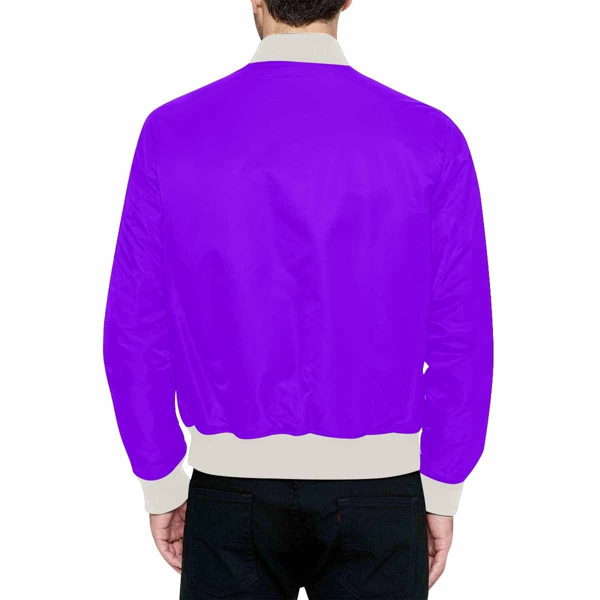 Men's Violet Bomber Jacket featuring quilted lining and personalized print design, showcasing a classic zipper and pouch pockets.