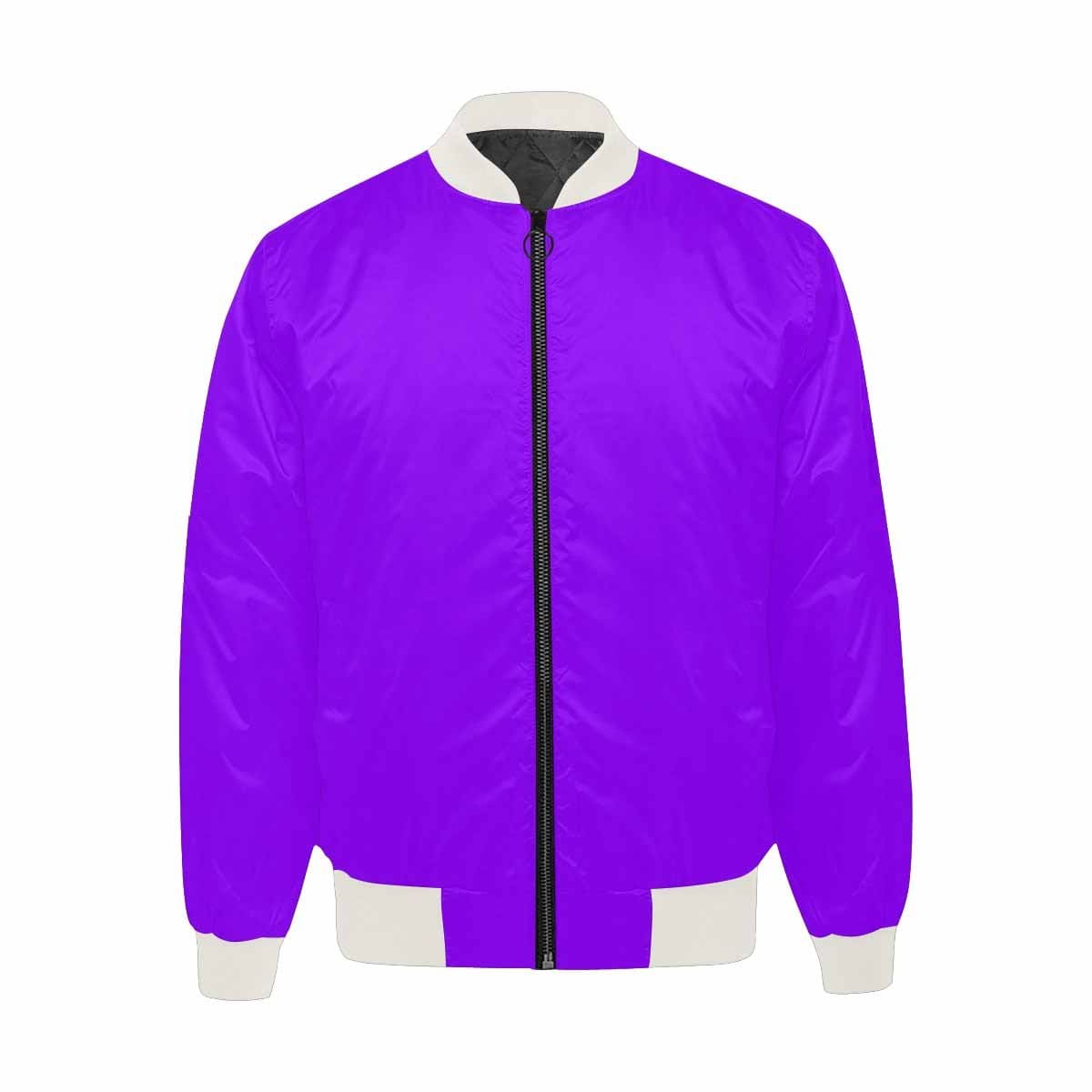 Men's Violet Bomber Jacket featuring quilted lining and personalized print design, showcasing a classic zipper and pouch pockets.