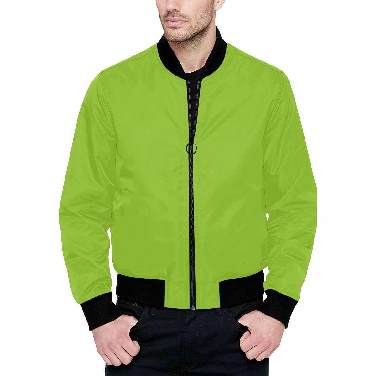 Men's Yellow Green and Black Bomber Jacket with quilted lining and zipper closure, featuring stylish all-over print and pouch pockets.