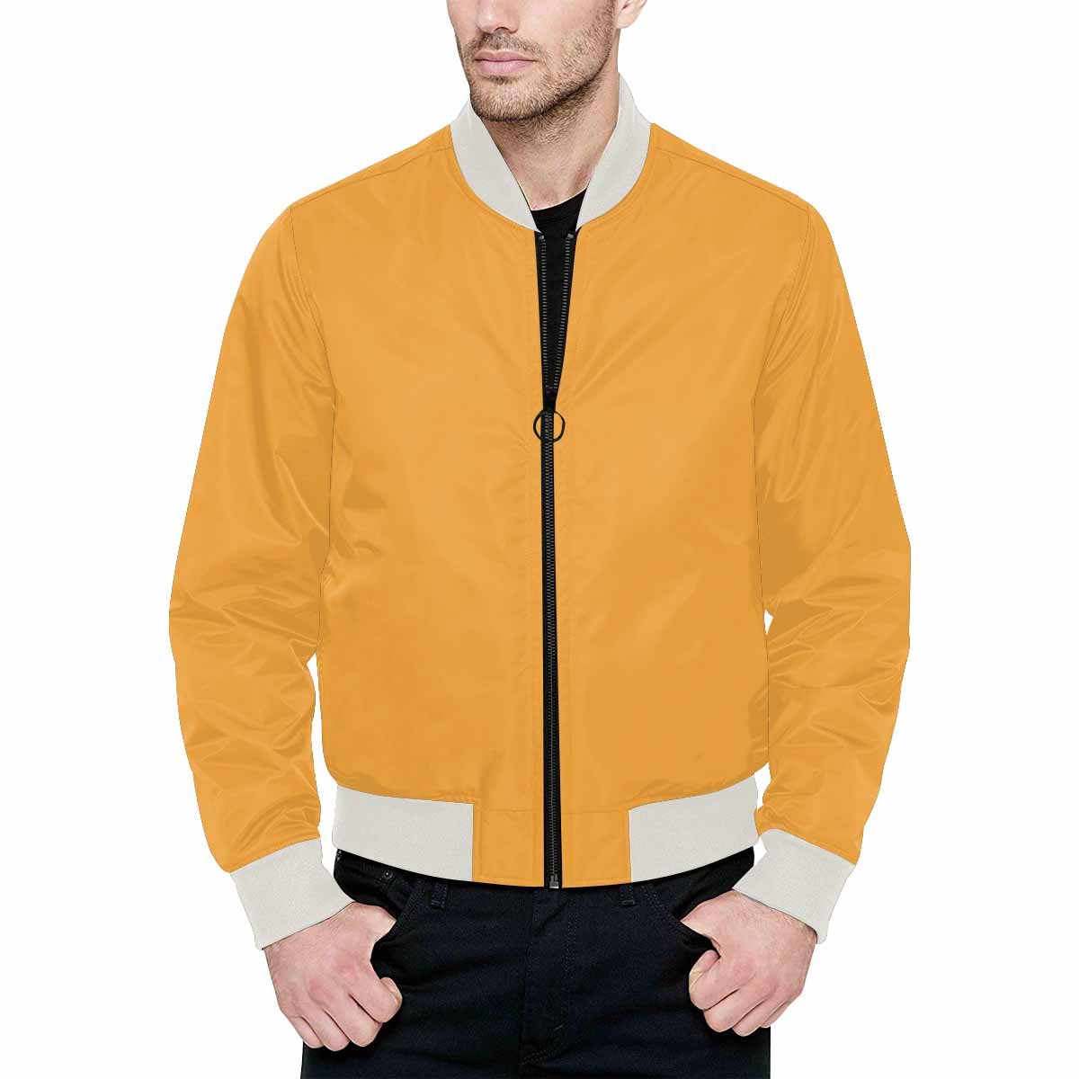 Men's Yellow Orange Bomber Jacket with quilted lining and personalized print design, featuring a classic zipper and pouch pockets.