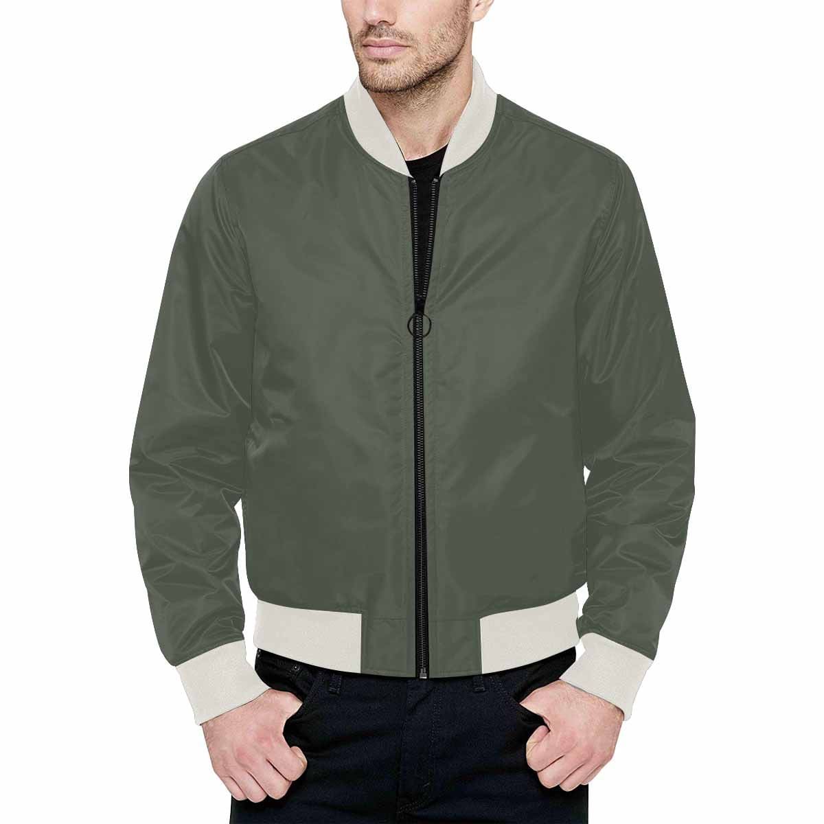 Men's ebony black bomber jacket with quilted lining and zipper closure, featuring stylish all-over print and pouch pockets.