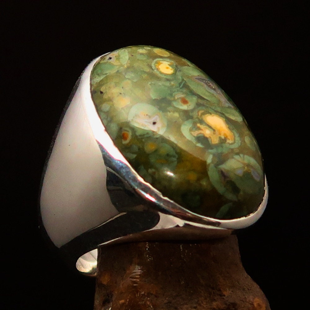 Men's Jasper Ring featuring a green Jasper stone set in mirror polished Sterling Silver, showcasing a unique solitaire design.