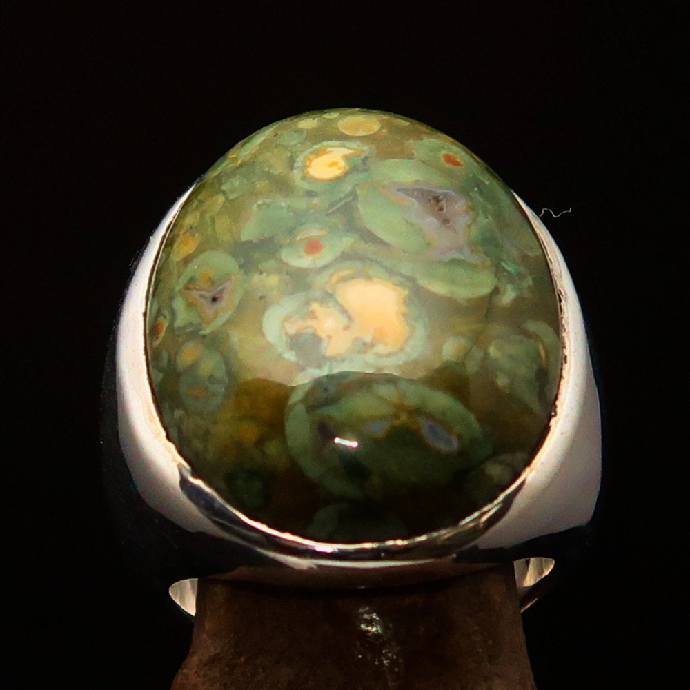 Men's Jasper Ring featuring a green Jasper stone set in mirror polished Sterling Silver, showcasing a unique solitaire design.