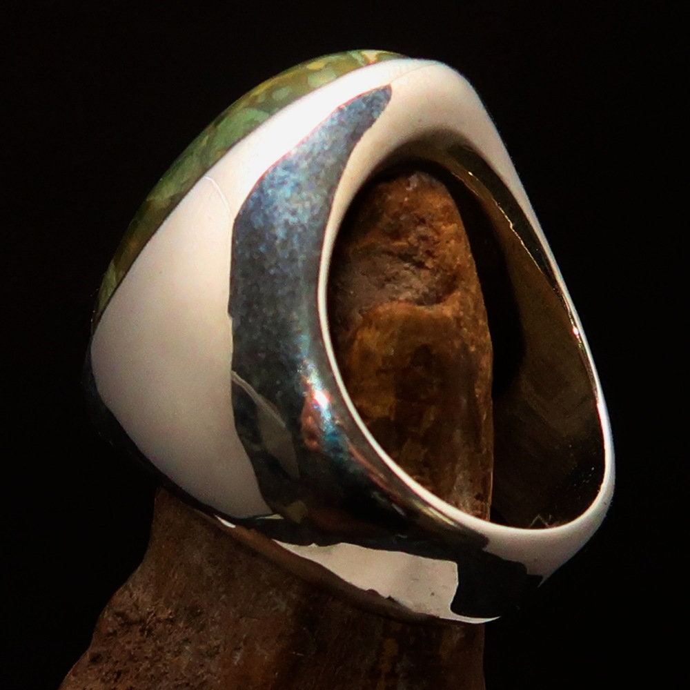 Men's Jasper Ring featuring a green Jasper stone set in mirror polished Sterling Silver, showcasing a unique solitaire design.