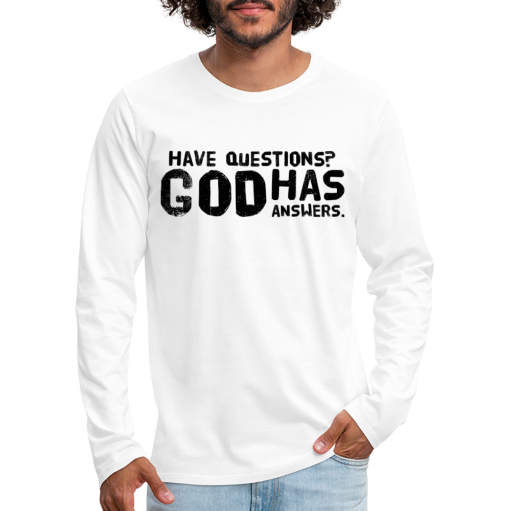 Mens Long Sleeve Graphic Tee with 'God has Answers' word art design, showcasing its soft fabric and stylish fit.