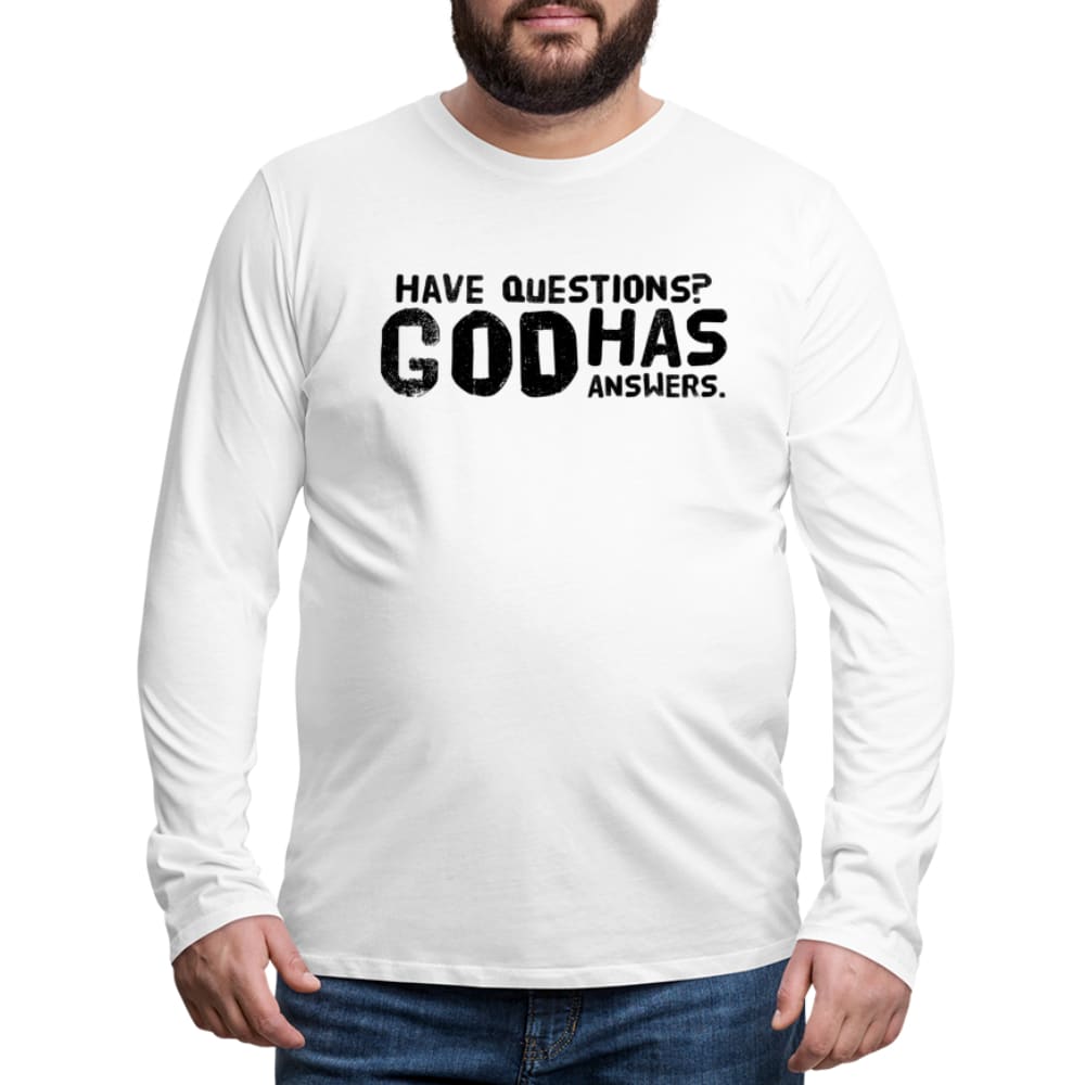 Mens Long Sleeve Graphic Tee with 'God has Answers' word art design, showcasing its soft fabric and stylish fit.