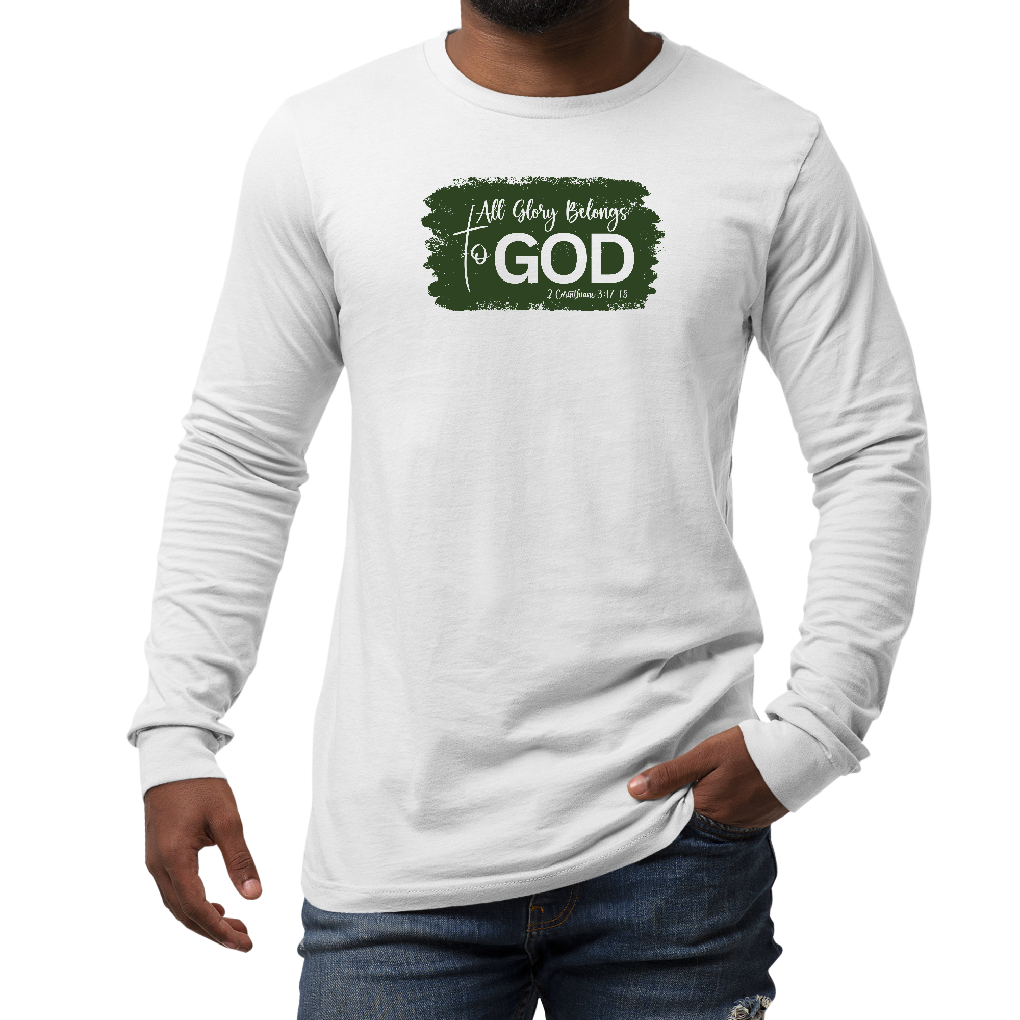 Men's long sleeve graphic t-shirt in dark green featuring 'All Glory Belongs to God' illustration, made from soft cotton.