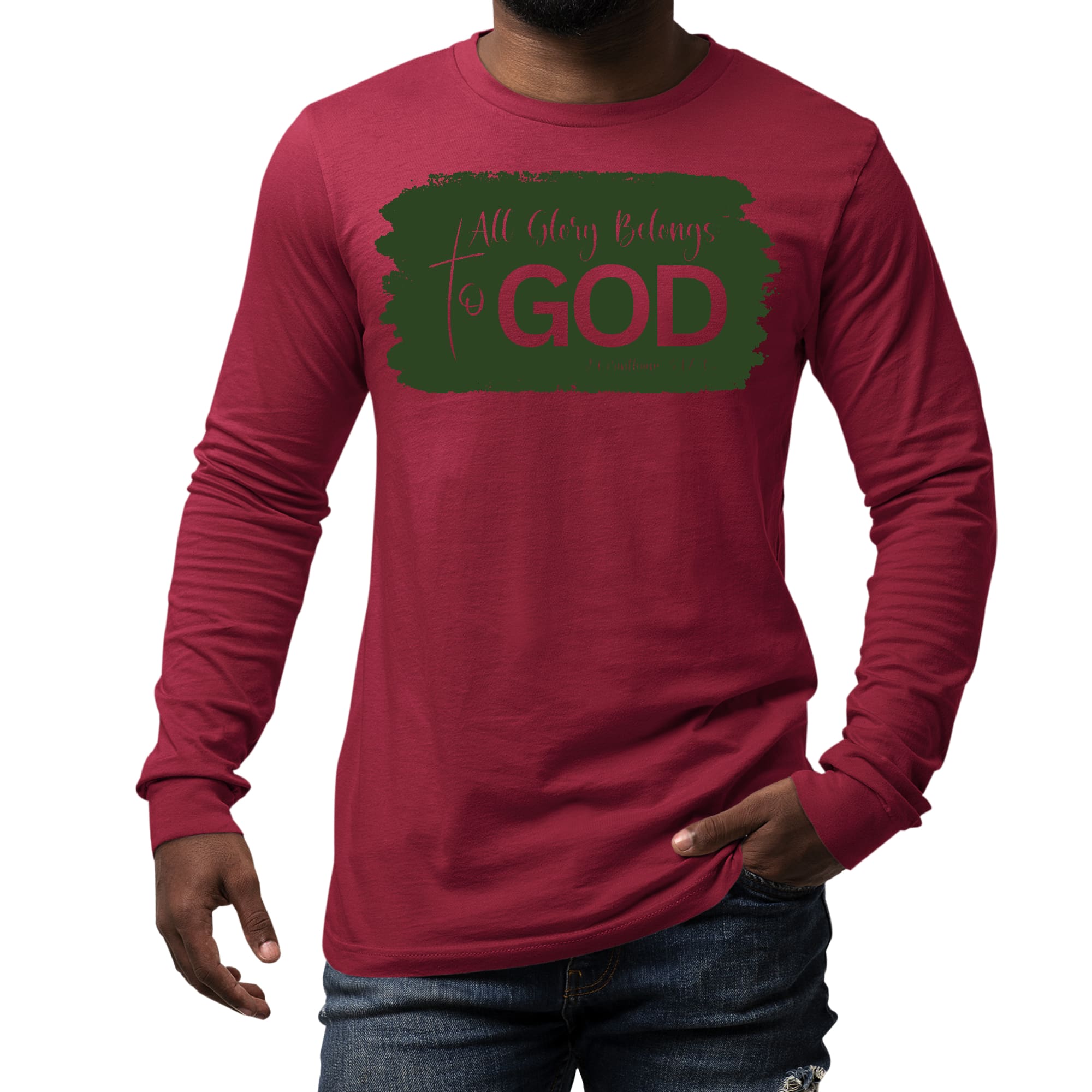 Men's long sleeve graphic t-shirt in dark green featuring 'All Glory Belongs to God' illustration, made from soft cotton.