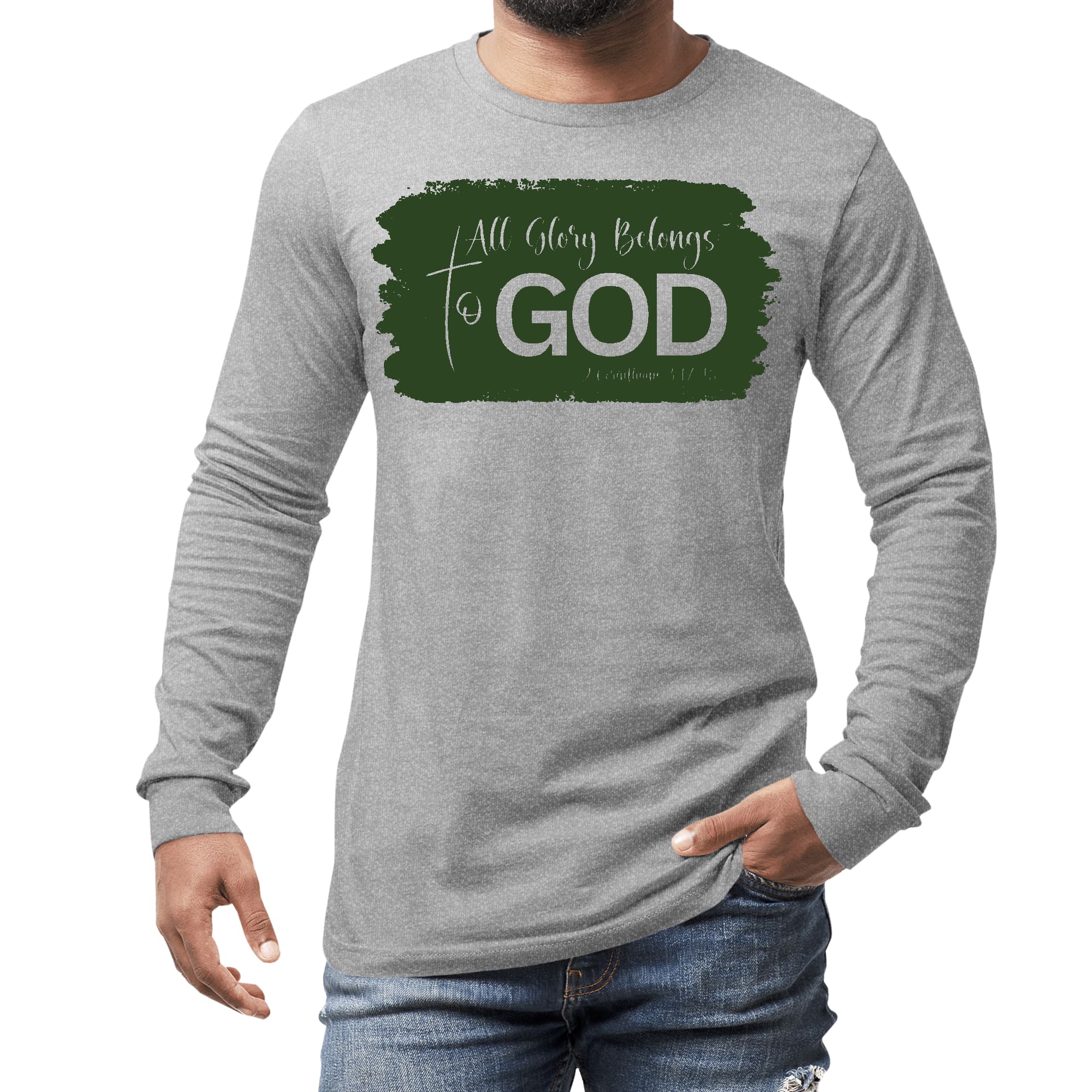 Men's long sleeve graphic t-shirt in dark green featuring 'All Glory Belongs to God' illustration, made from soft cotton.